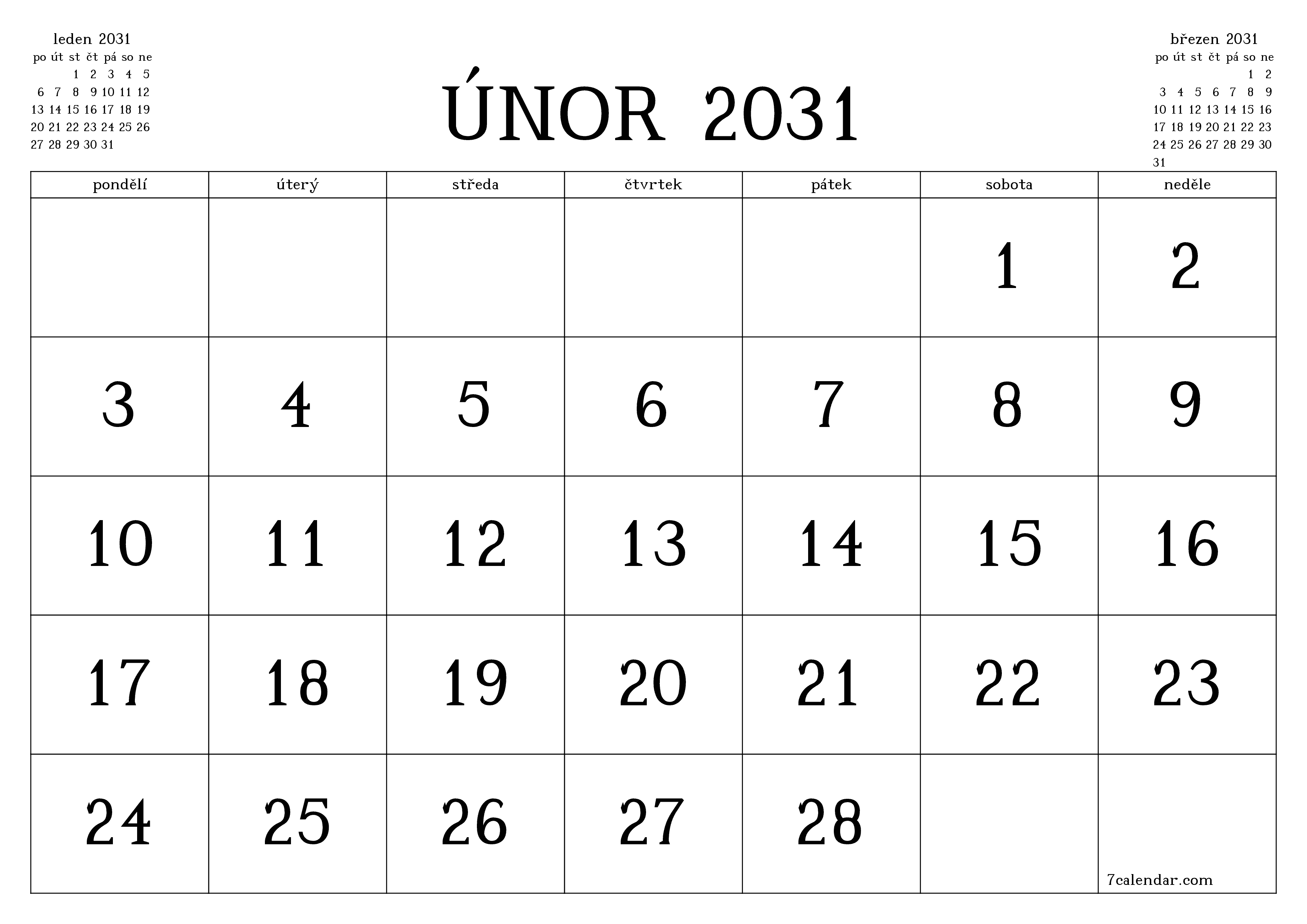 Vyprázdnit měsíční plánovač na měsíc únor 2031 s poznámkami, uložit a vytisknout do PDF PNG Czech