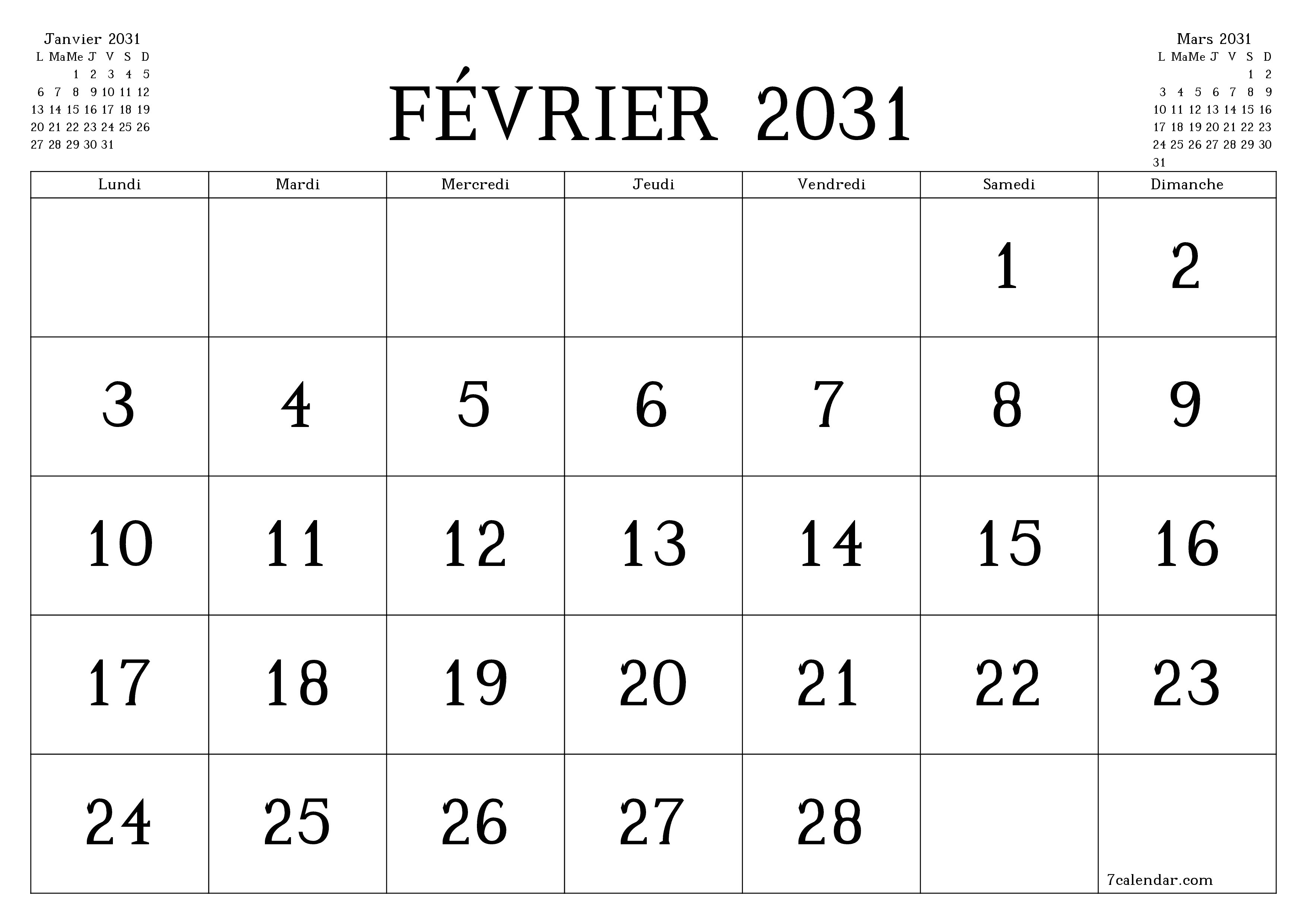 Agenda mensuel vide pour le mois Février 2031 avec notes, enregistrez et imprimez au format PDF PNG French