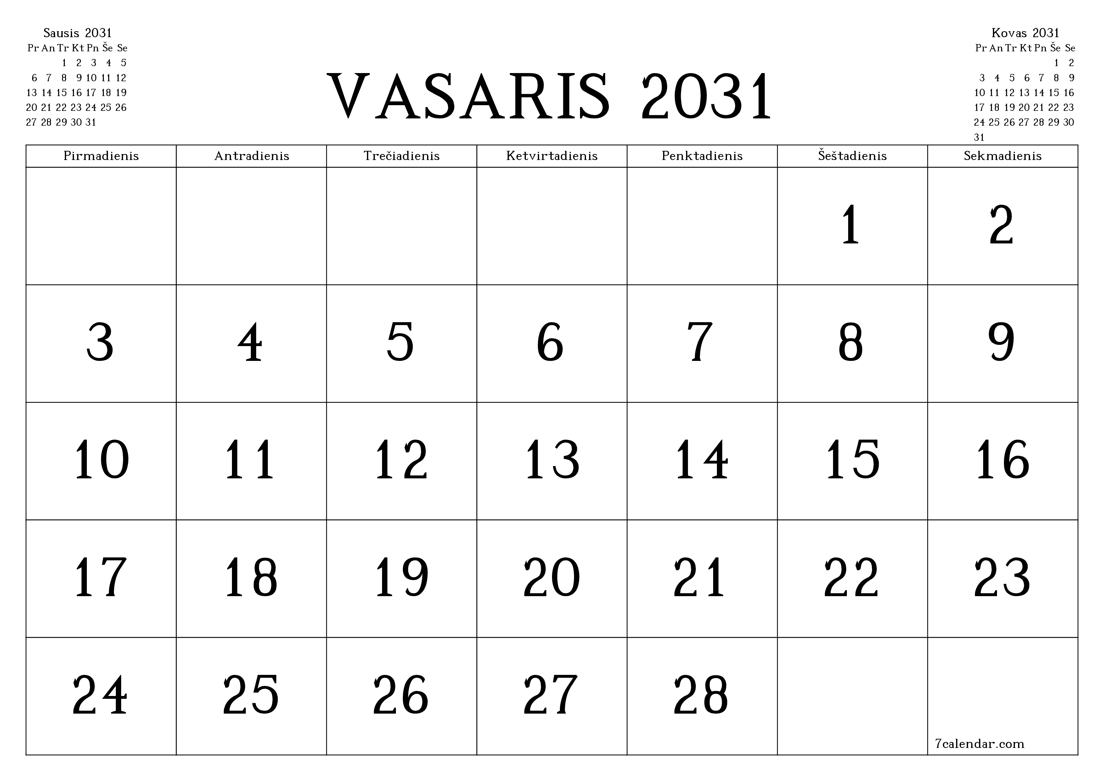 Ištuštinti mėnesio Vasaris 2031 mėnesio planavimo priemonę su užrašais, išsaugoti ir atsispausdinti PDF formate PNG Lithuanian