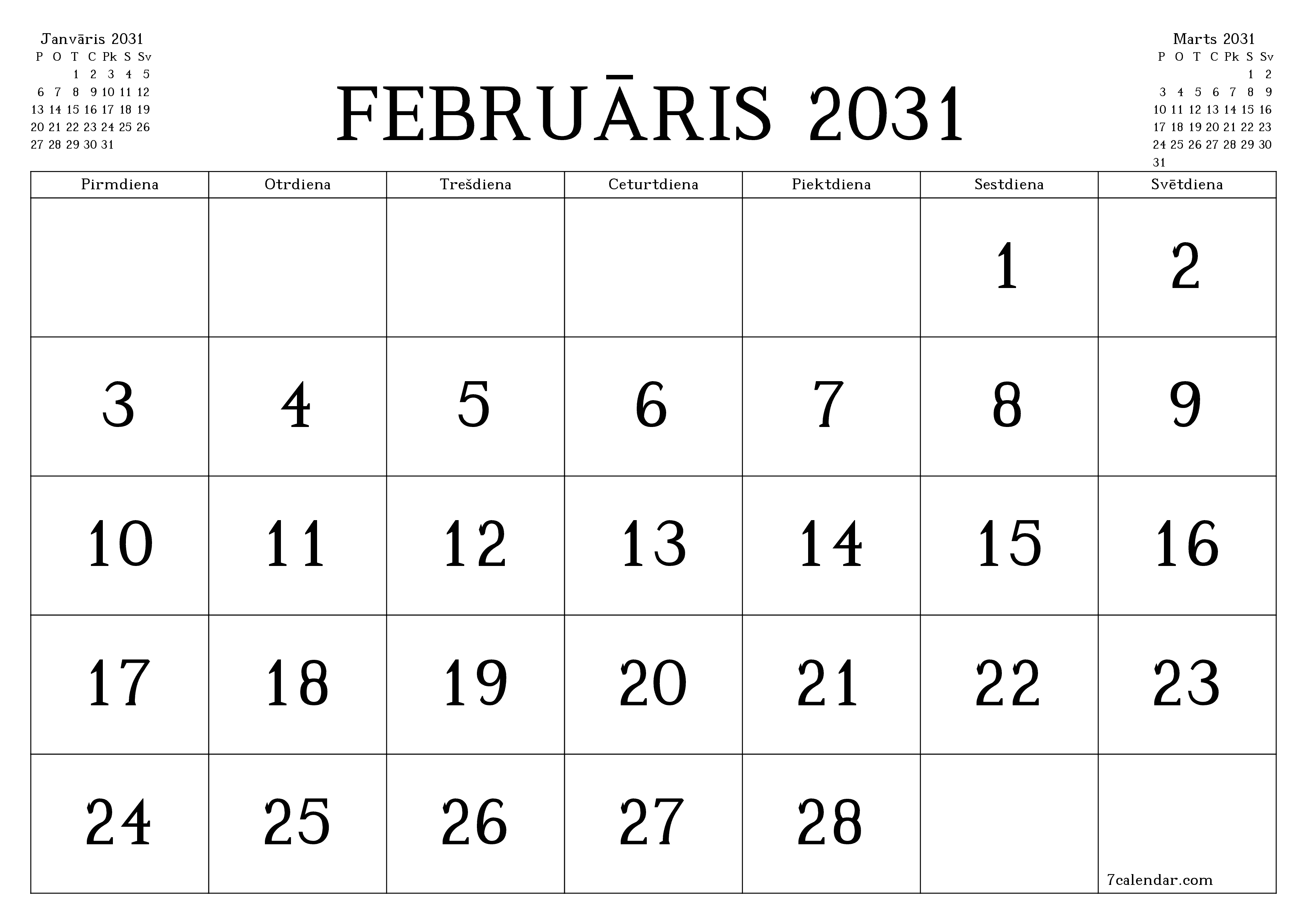 Iztukšot mēneša plānotāju mēnesim Februāris 2031 ar piezīmēm, saglabāt un izdrukāt PDF formātā PNG Latvian