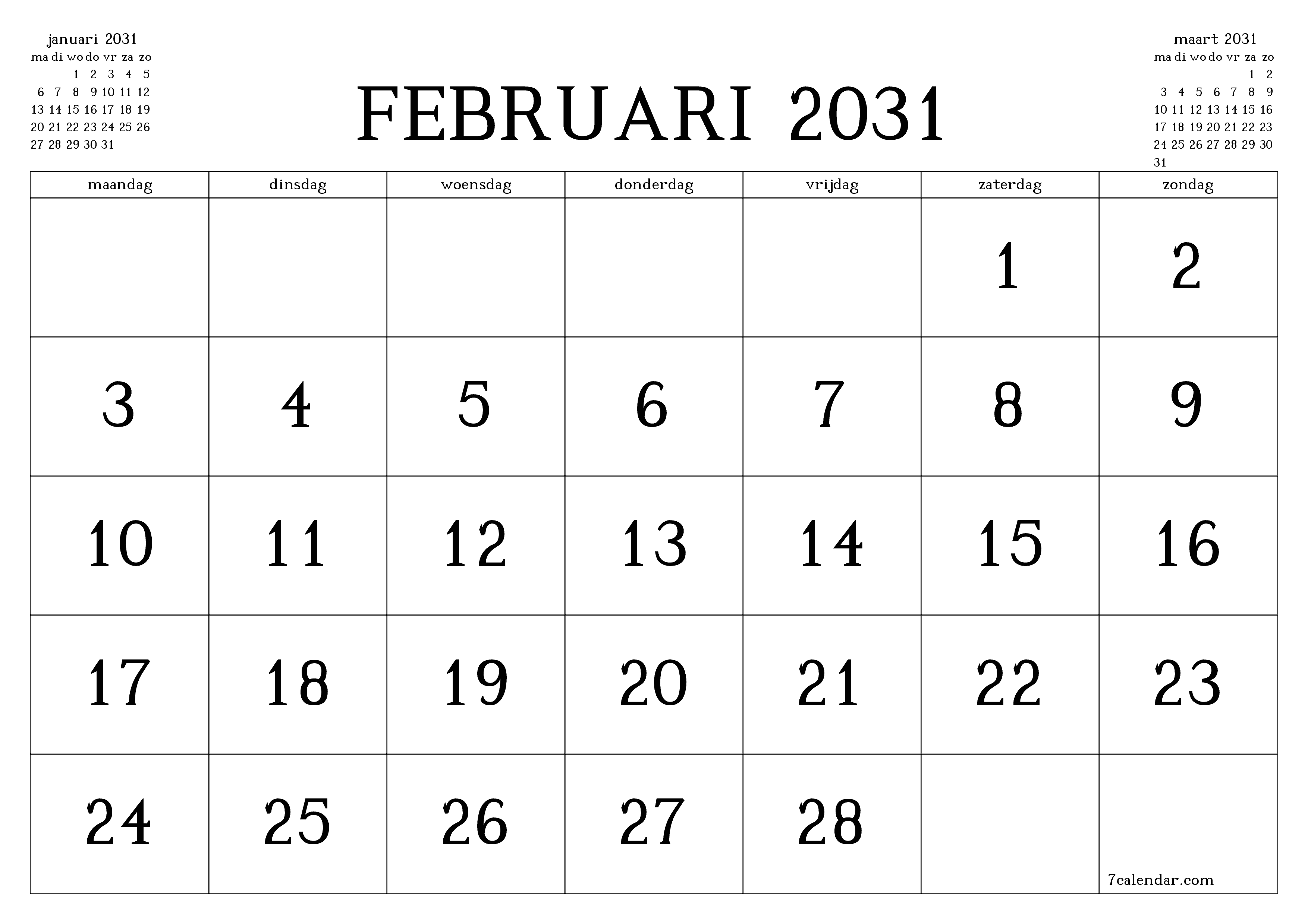 Lege maandplanner voor maand februari 2031 met notities, opslaan en afdrukken naar pdf PNG Dutch