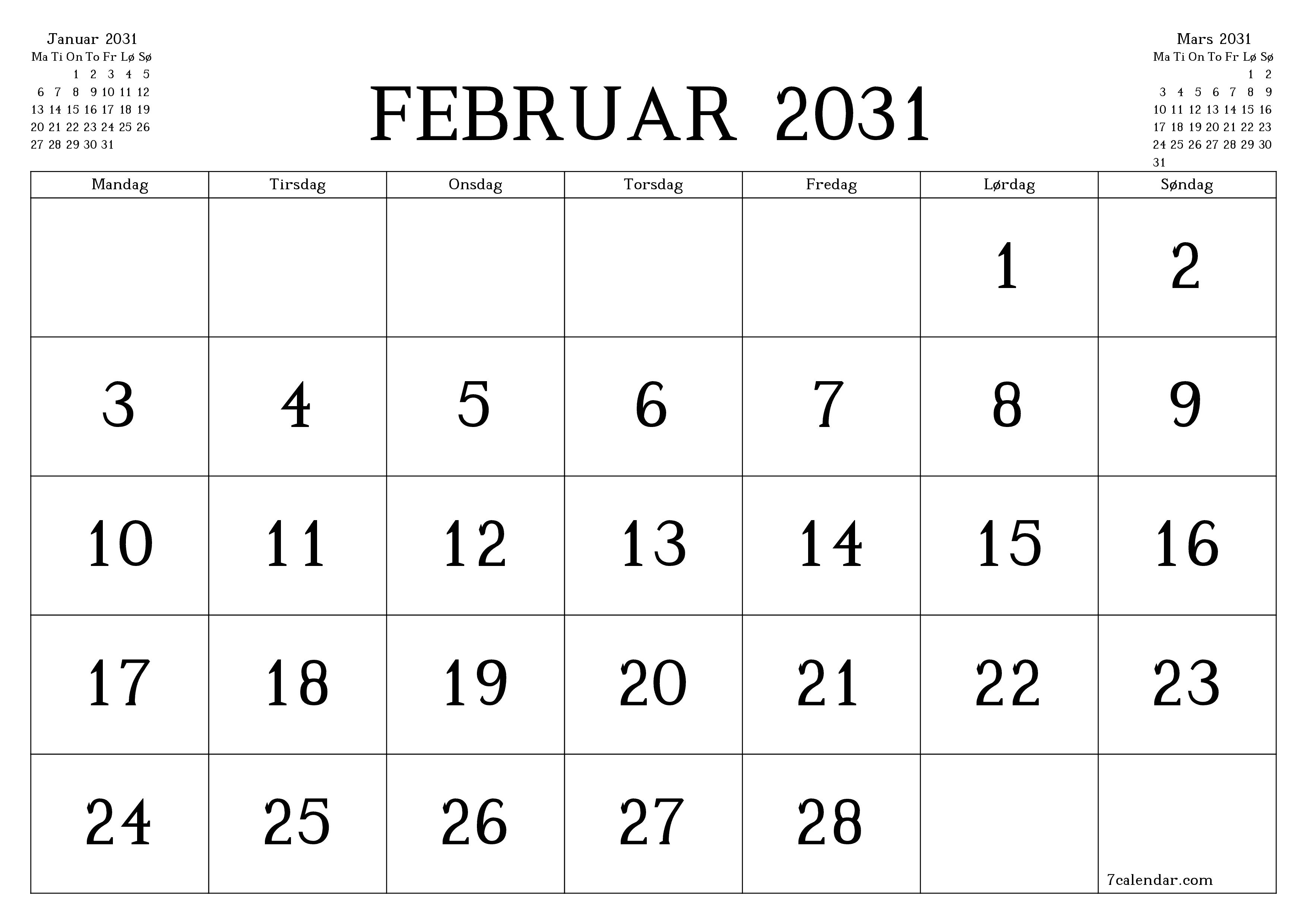 Tom månedlig planlegger for måned Februar 2031 med notater, lagre og skriv ut til PDF PNG Norwegian