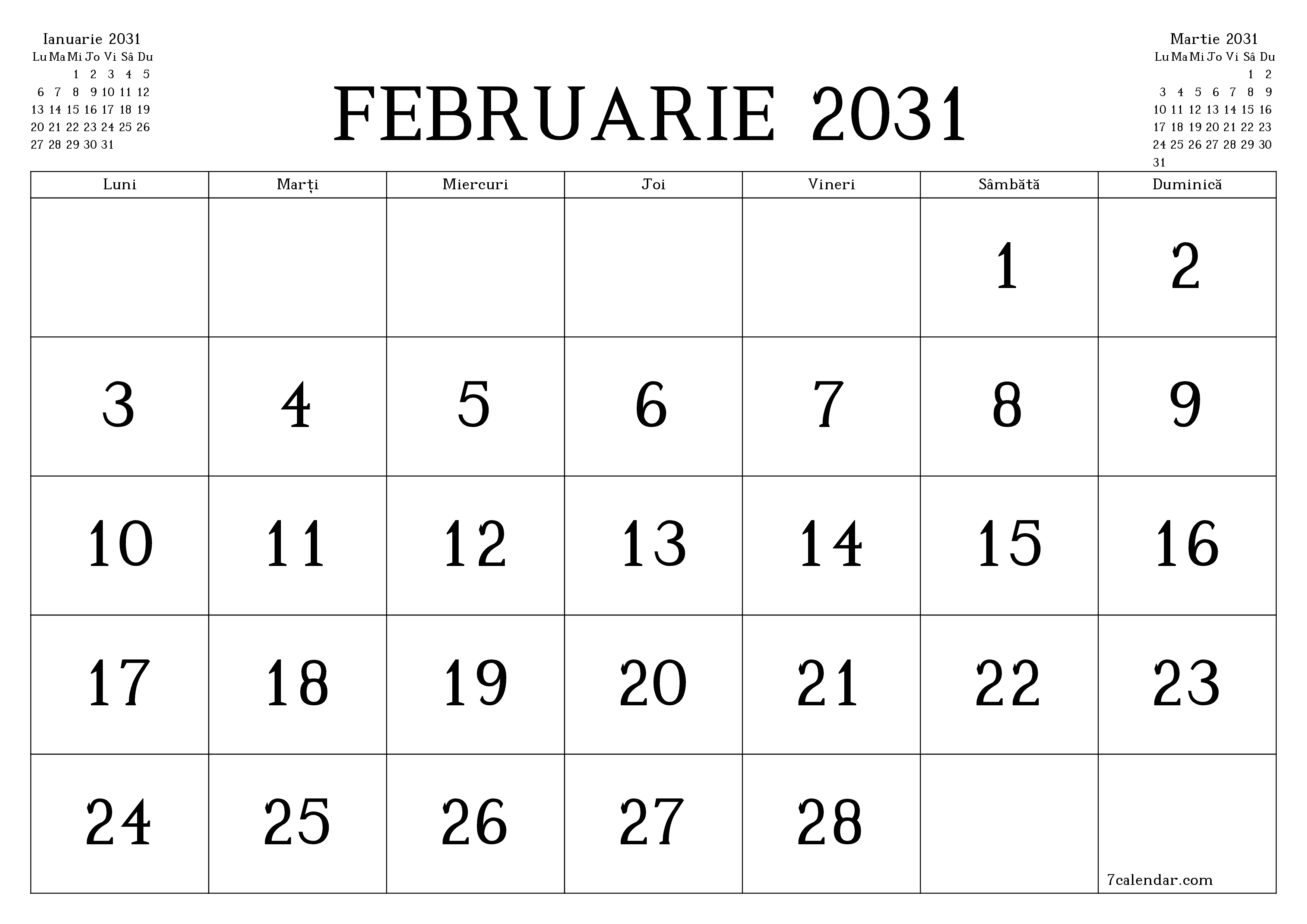 Planificator lunar gol pentru luna Februarie 2031 cu note, salvați și tipăriți în PDF PNG Romanian