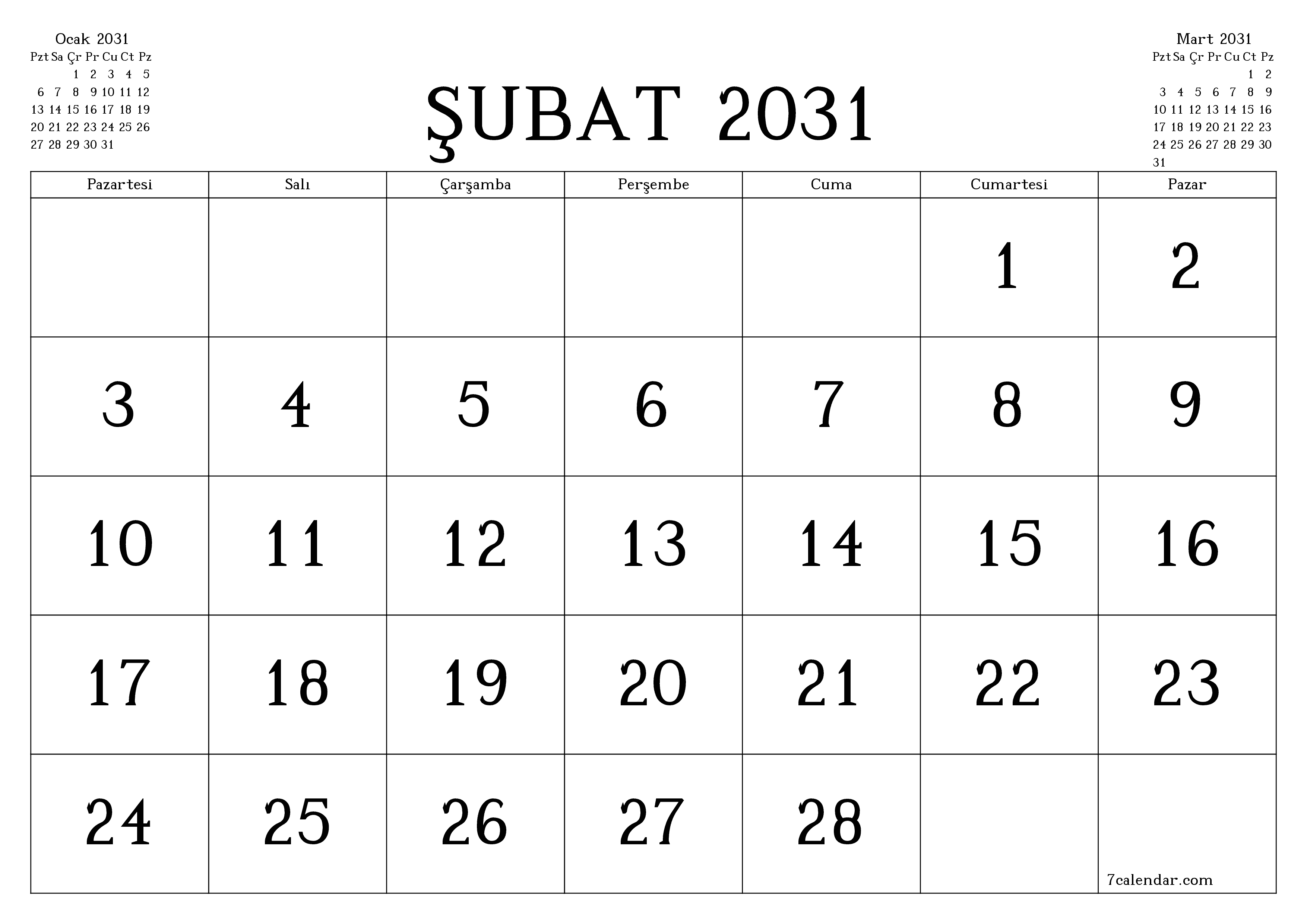 Şubat 2031 ayı için notlarla birlikte boş aylık planlayıcı, kaydedin ve PDF'ye yazdırın PNG Turkish