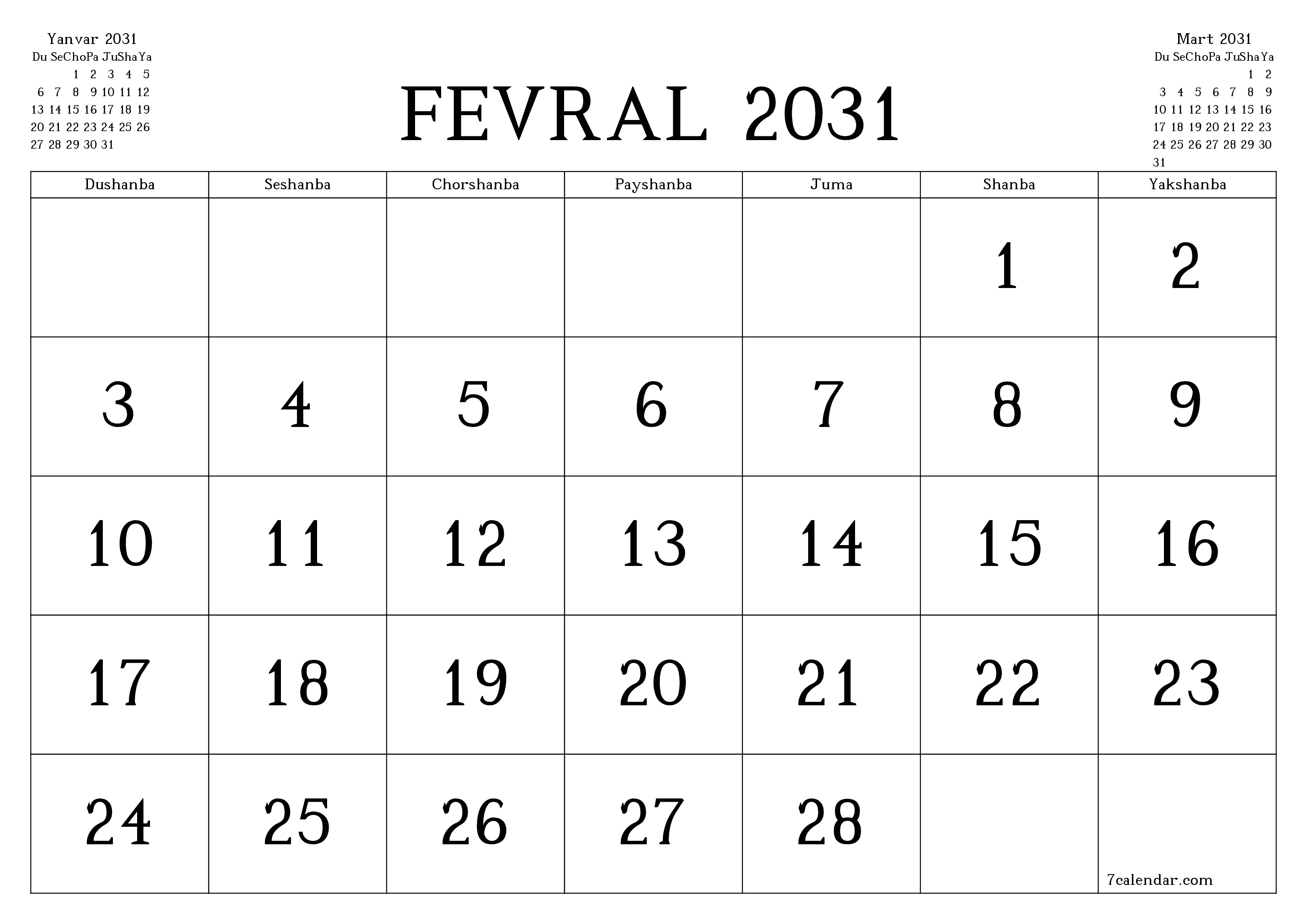 Fevral 2031 oylik oylik rejalashtiruvchini yozuvlar bilan bo'shatish, saqlash va PDF-ga chop etish PNG Uzbek