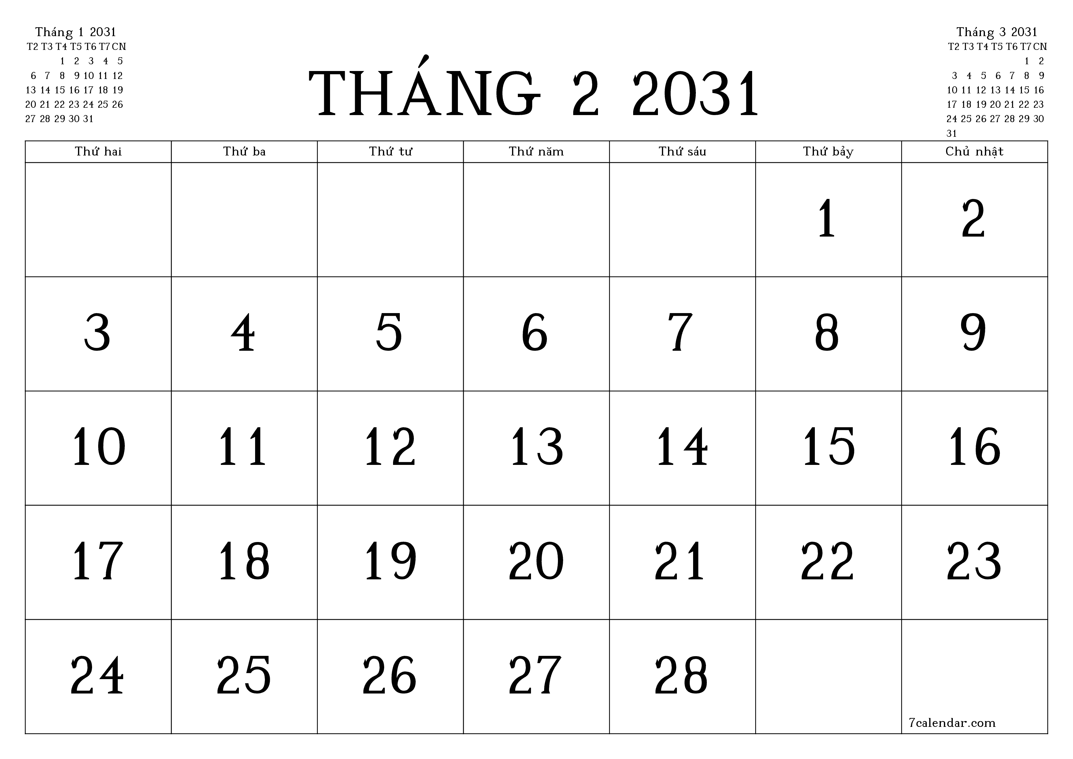 Công cụ lập kế hoạch hàng tháng trống cho tháng Tháng 2 2031 có ghi chú, lưu và in sang PDF PNG Vietnamese