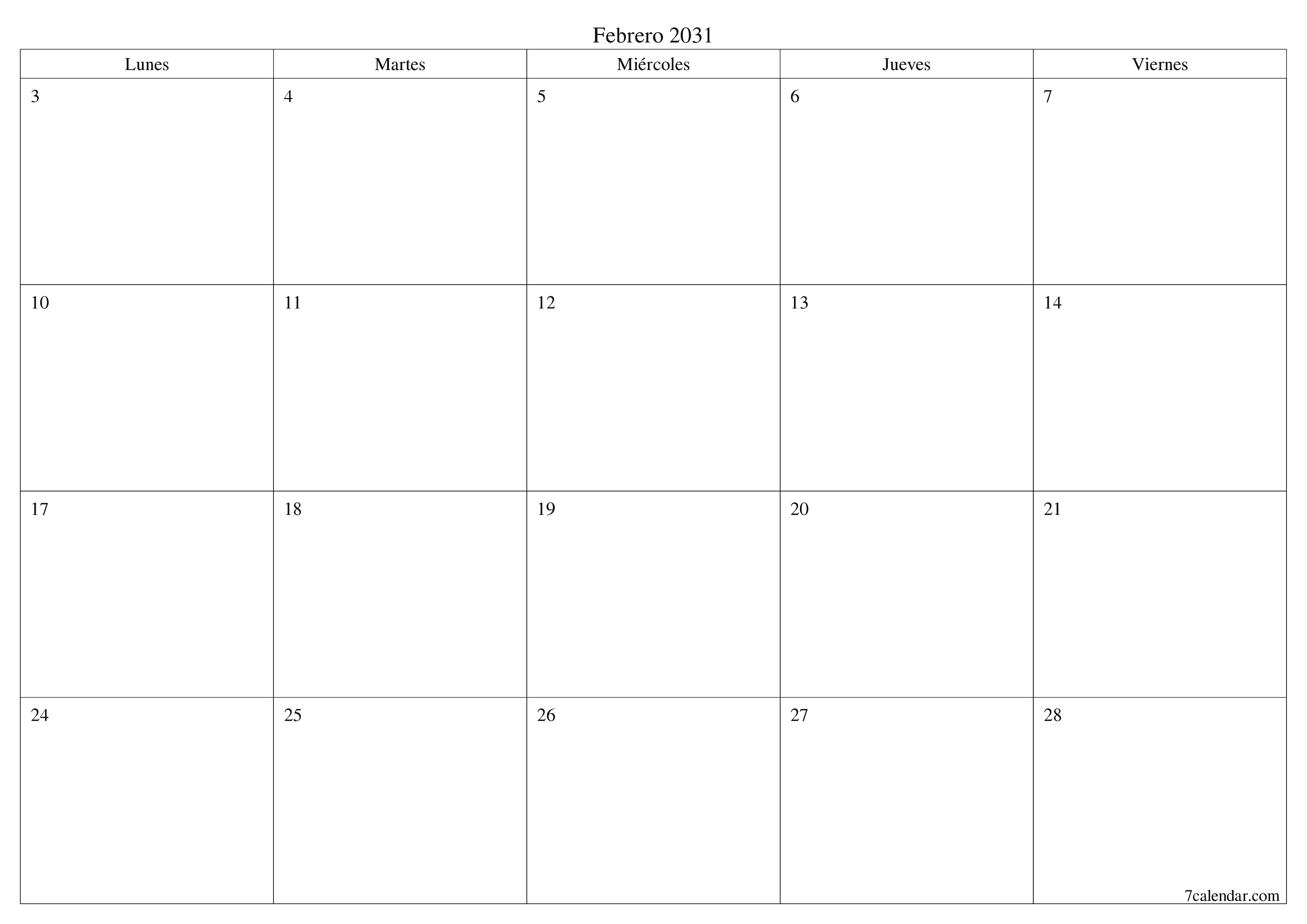 Planificador mensual vacío para el mes Febrero 2031 con notas, guardar e imprimir en PDF PNG Spanish