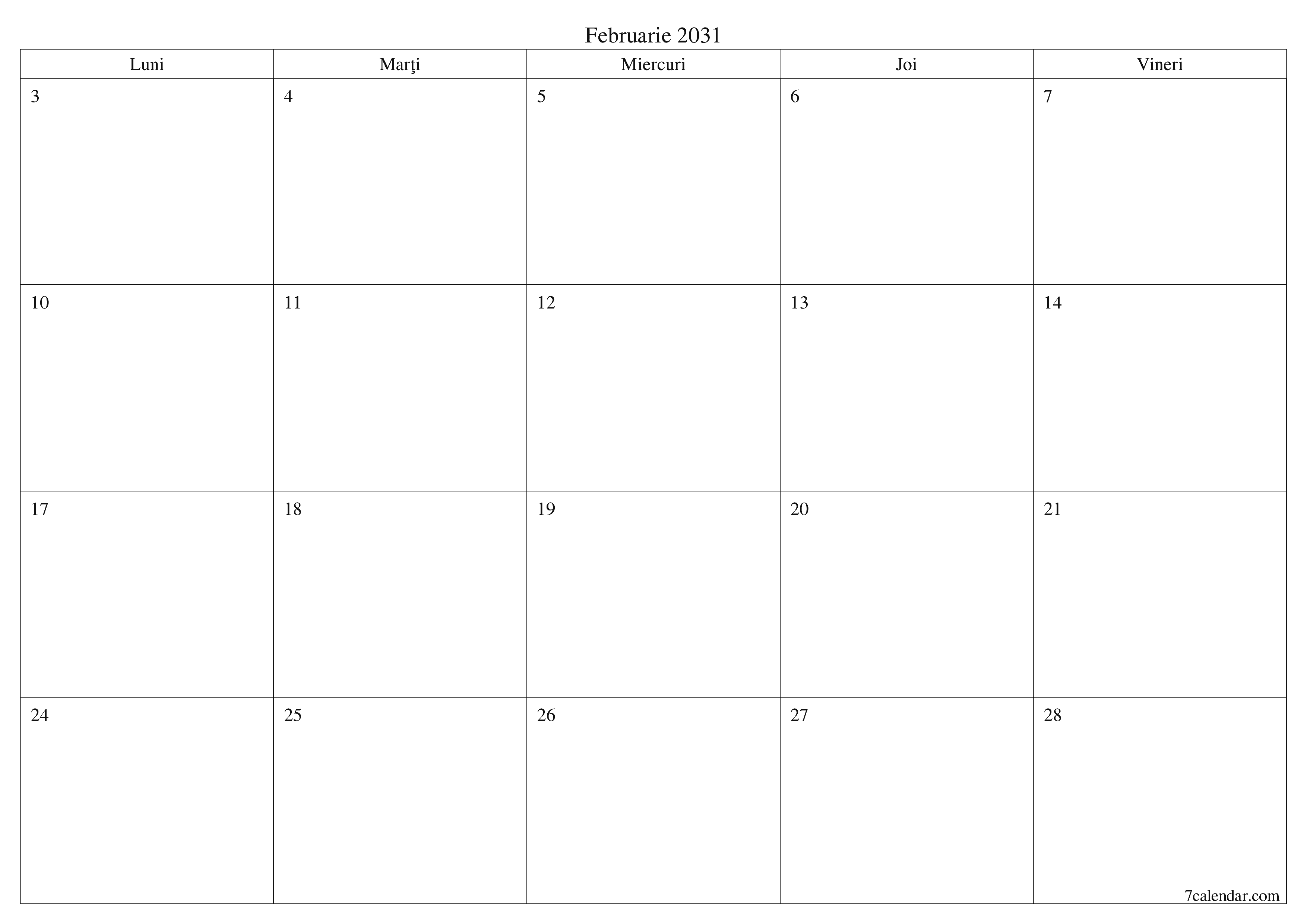 Planificator lunar gol pentru luna Februarie 2031 cu note, salvați și tipăriți în PDF PNG Romanian