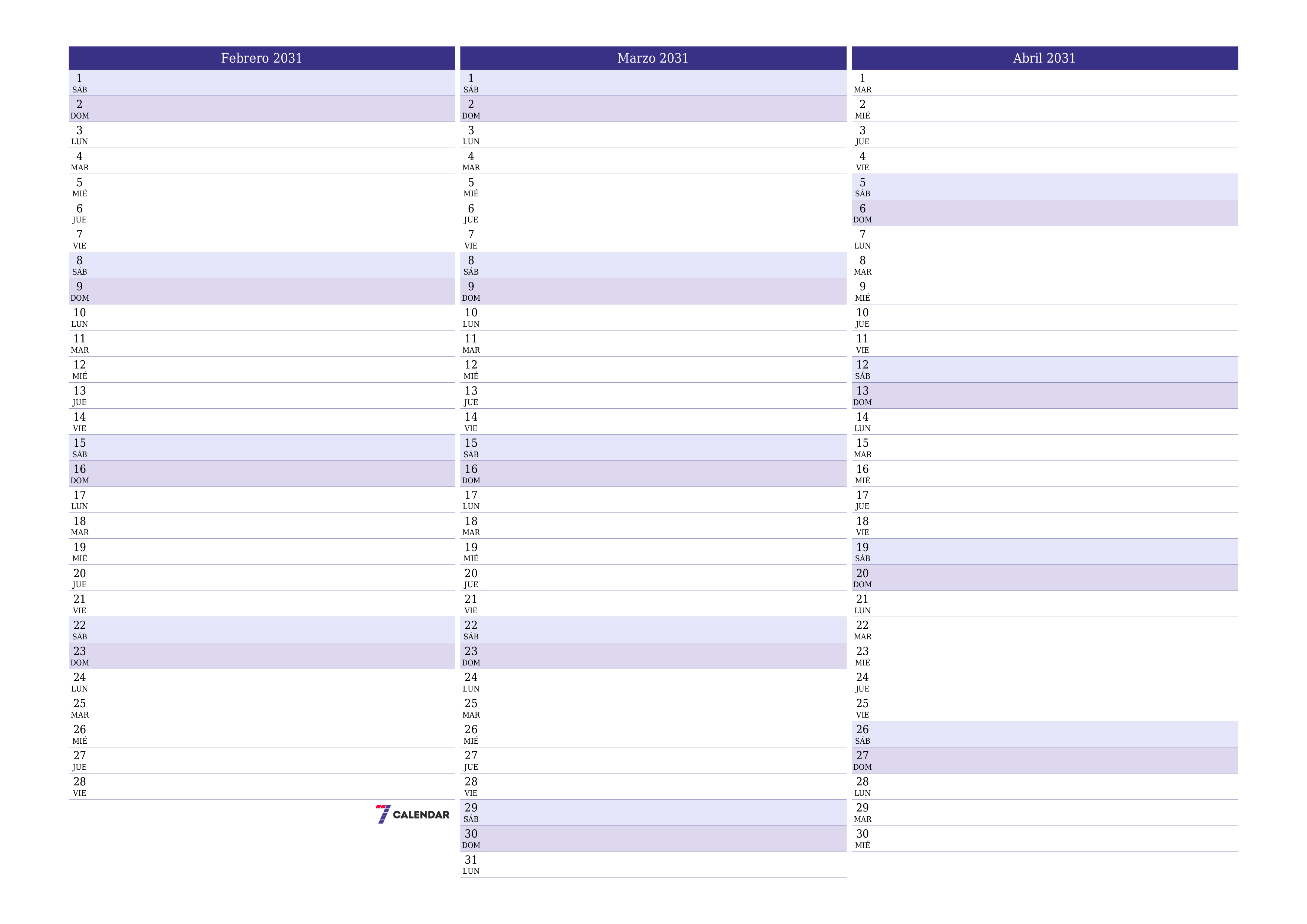 Planificador mensual vacío para el mes Febrero 2031 con notas, guardar e imprimir en PDF PNG Spanish