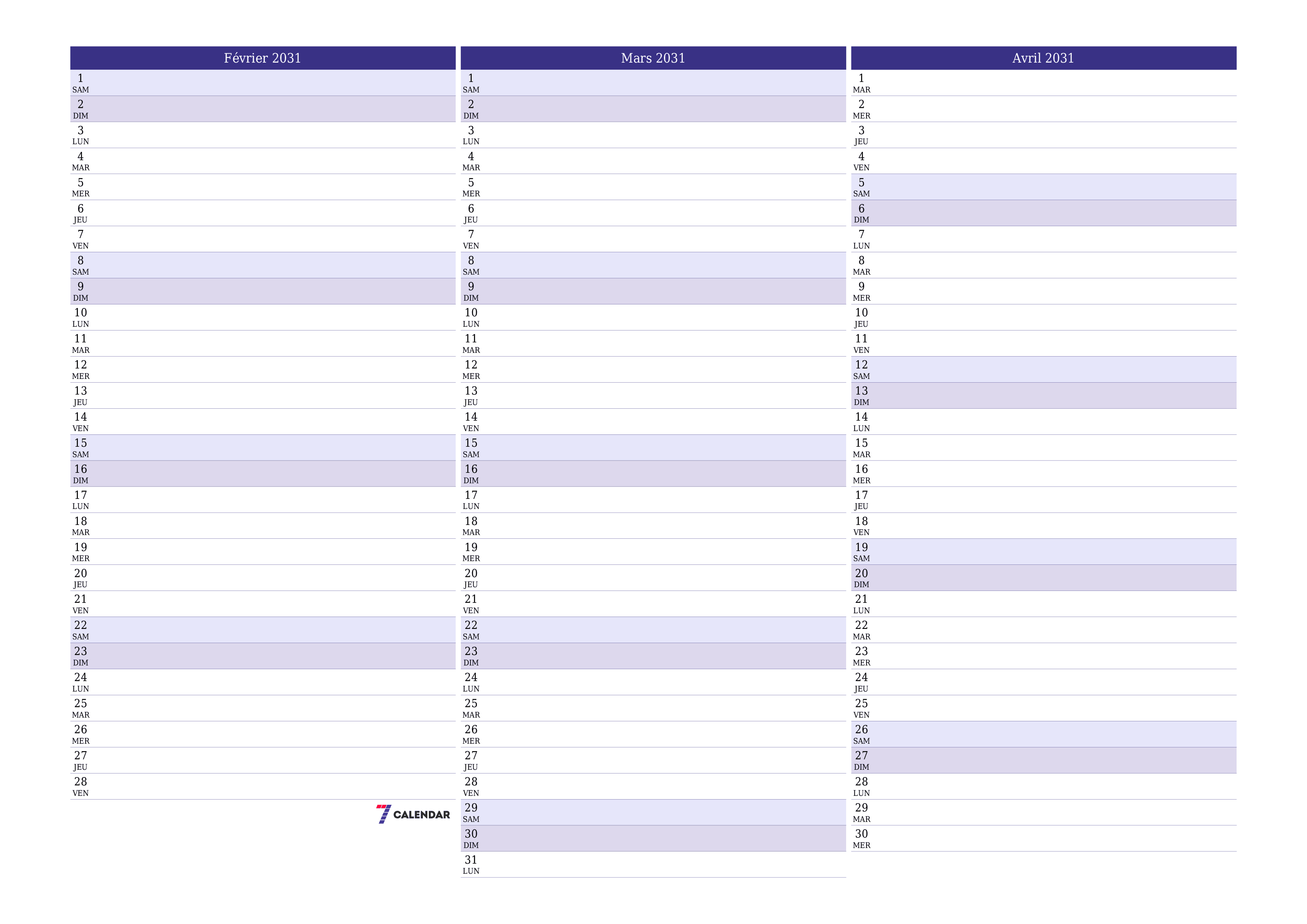 Agenda mensuel vide pour le mois Février 2031 avec notes, enregistrez et imprimez au format PDF PNG French