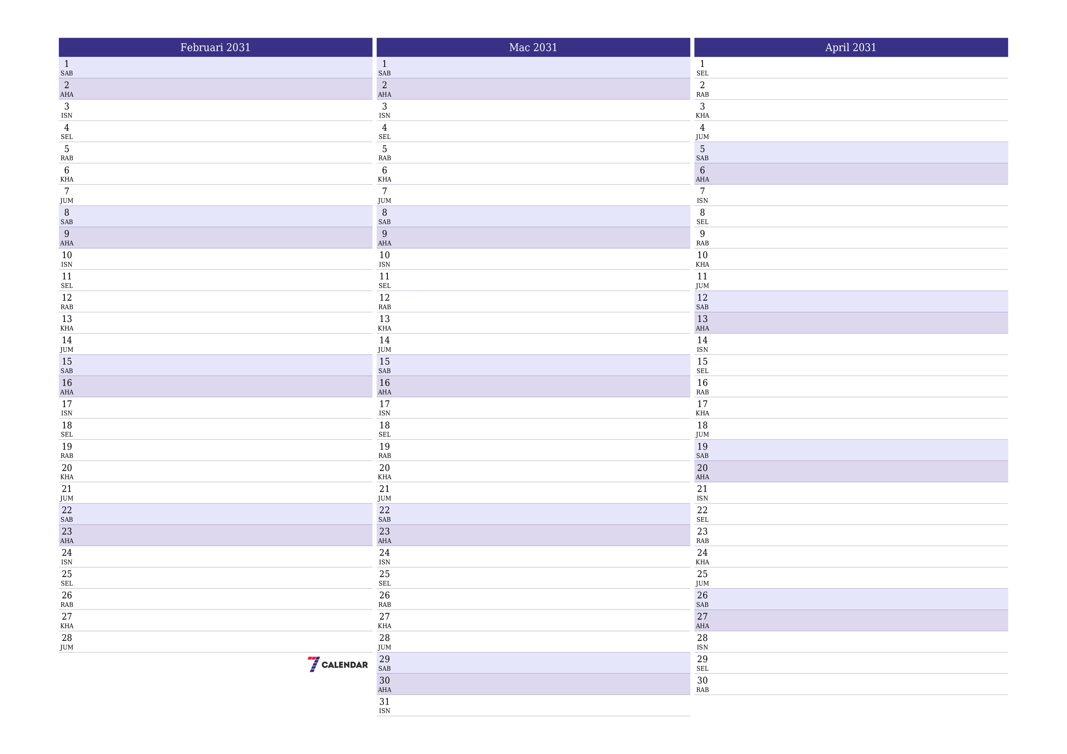 Perancang bulanan kosong untuk bulan Februari 2031 dengan nota, simpan dan cetak ke PDF PNG Malay