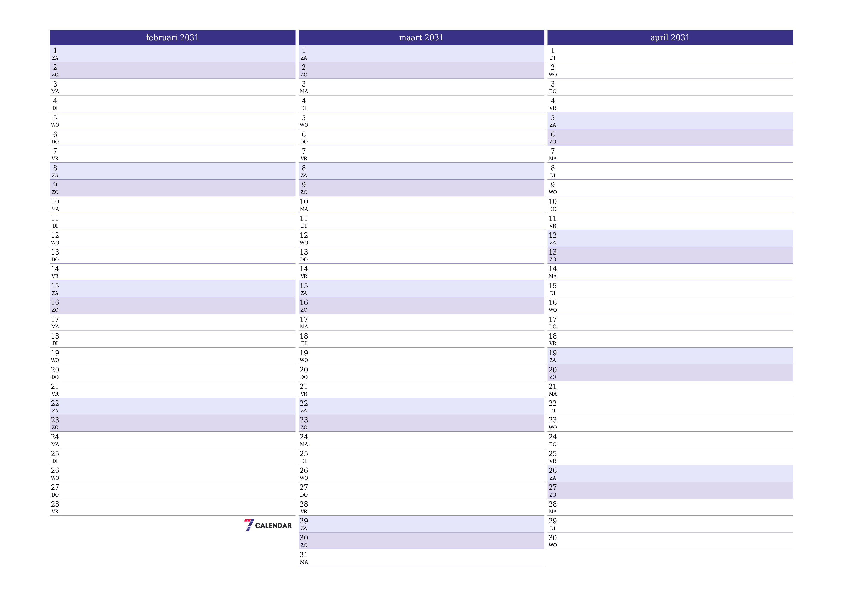 Lege maandplanner voor maand februari 2031 met notities, opslaan en afdrukken naar pdf PNG Dutch