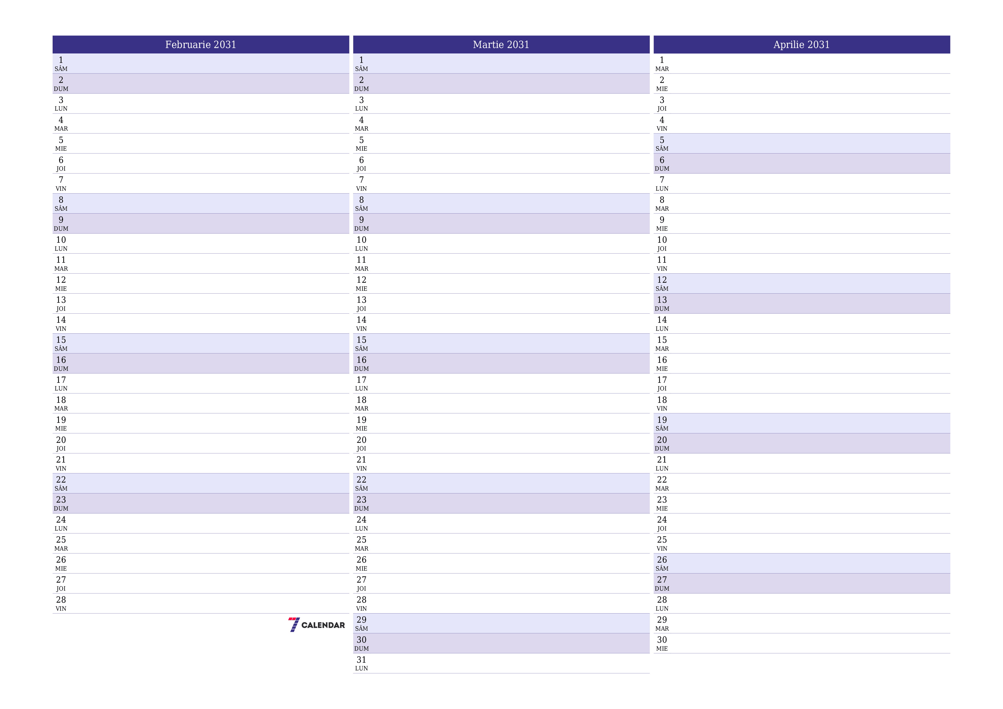 Planificator lunar gol pentru luna Februarie 2031 cu note, salvați și tipăriți în PDF PNG Romanian
