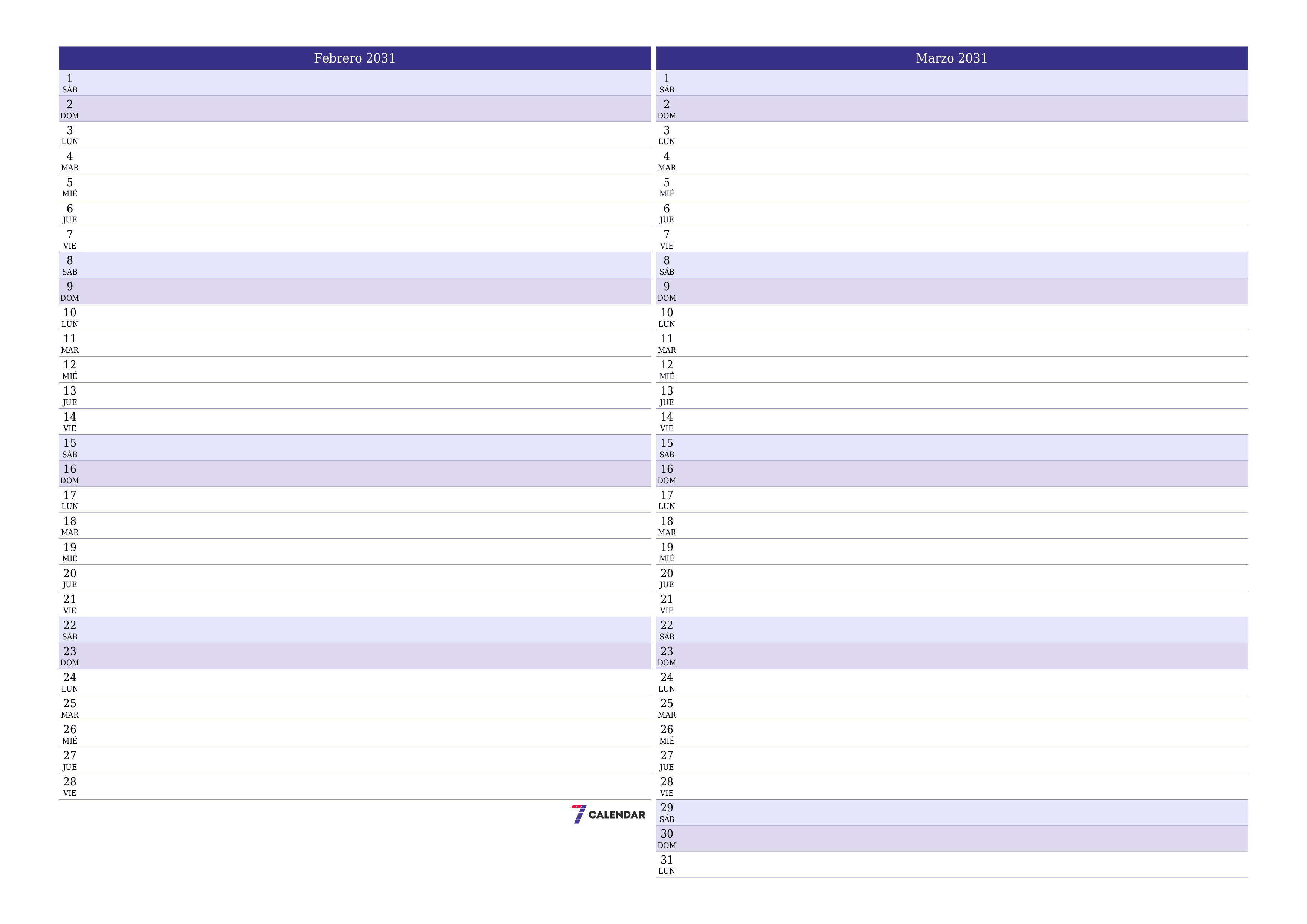 Planificador mensual vacío para el mes Febrero 2031 con notas, guardar e imprimir en PDF PNG Spanish