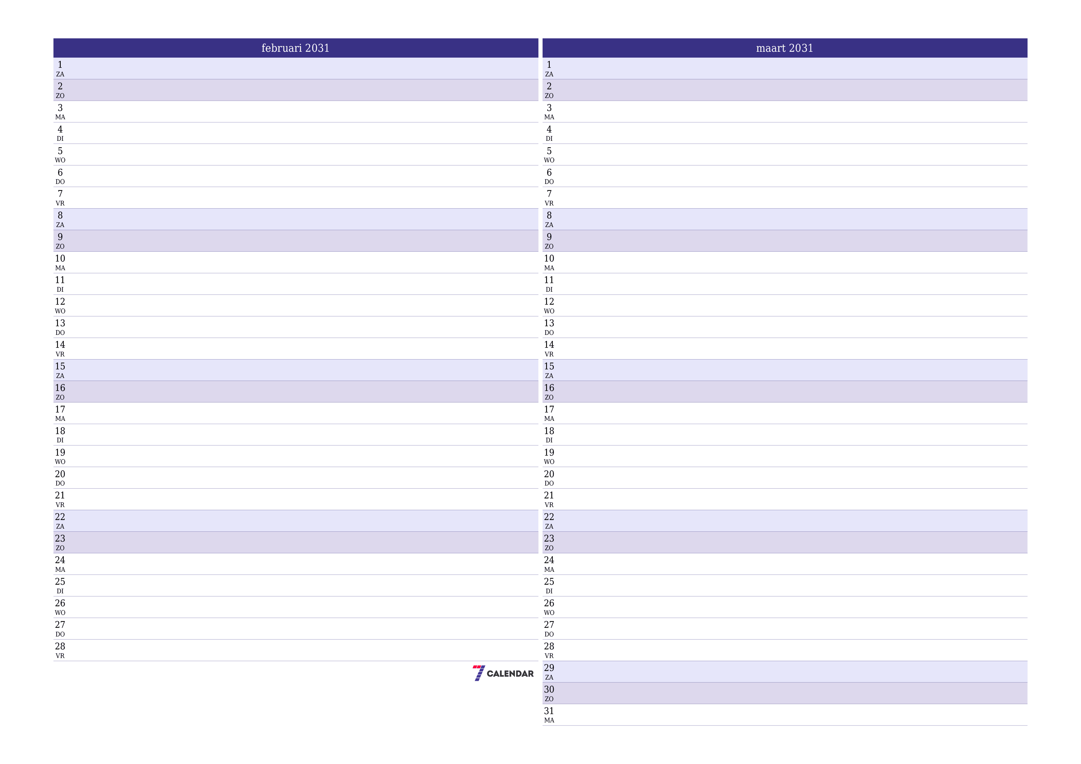 Lege maandplanner voor maand februari 2031 met notities, opslaan en afdrukken naar pdf PNG Dutch