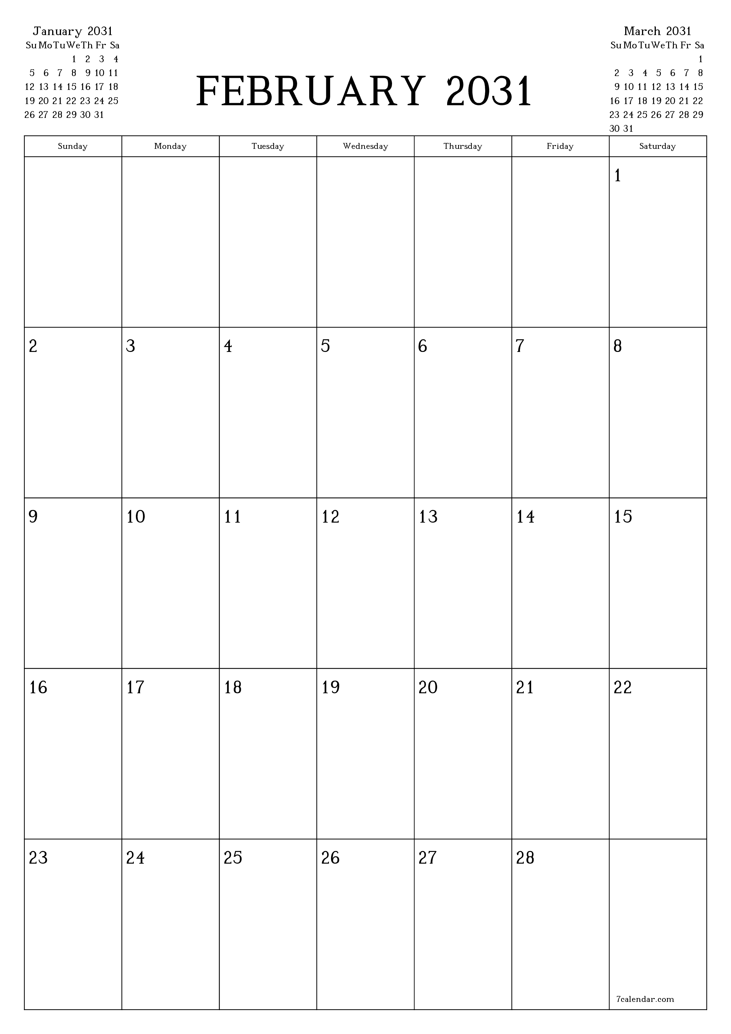 Blank calendar February 2031