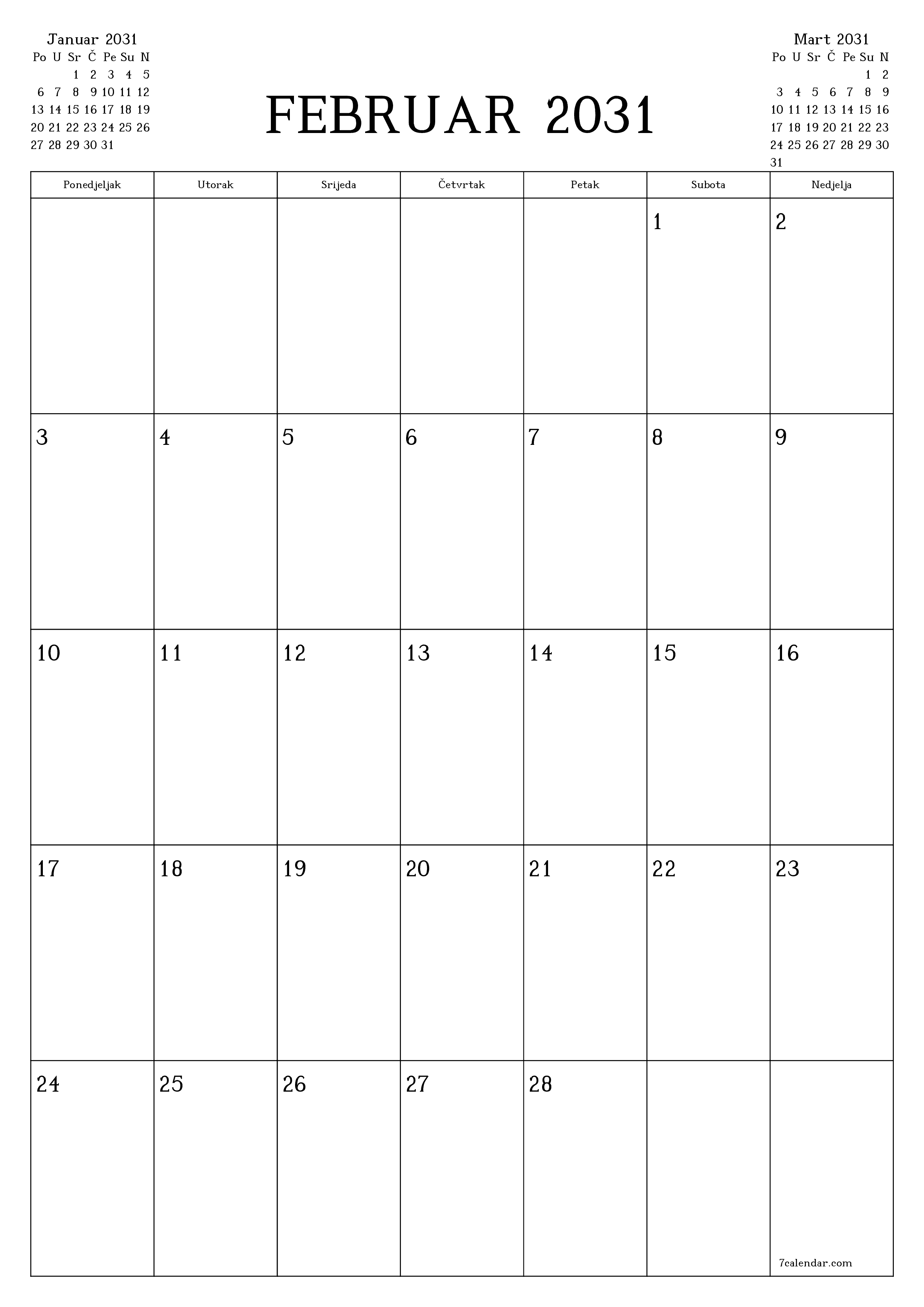  za štampanje zidni šablon a besplatni vertikalno Mjesečno planer kalendar Februar (Feb) 2031