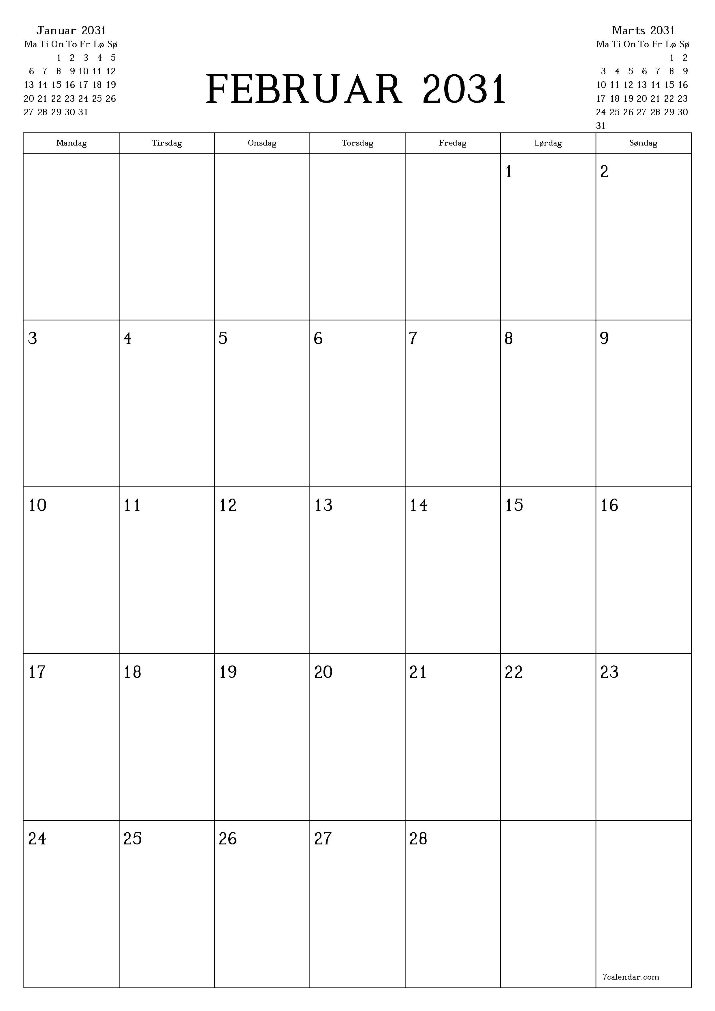 udskrivbar væg skabelon gratis lodret Månedlig planlægger kalender Februar (Feb) 2031