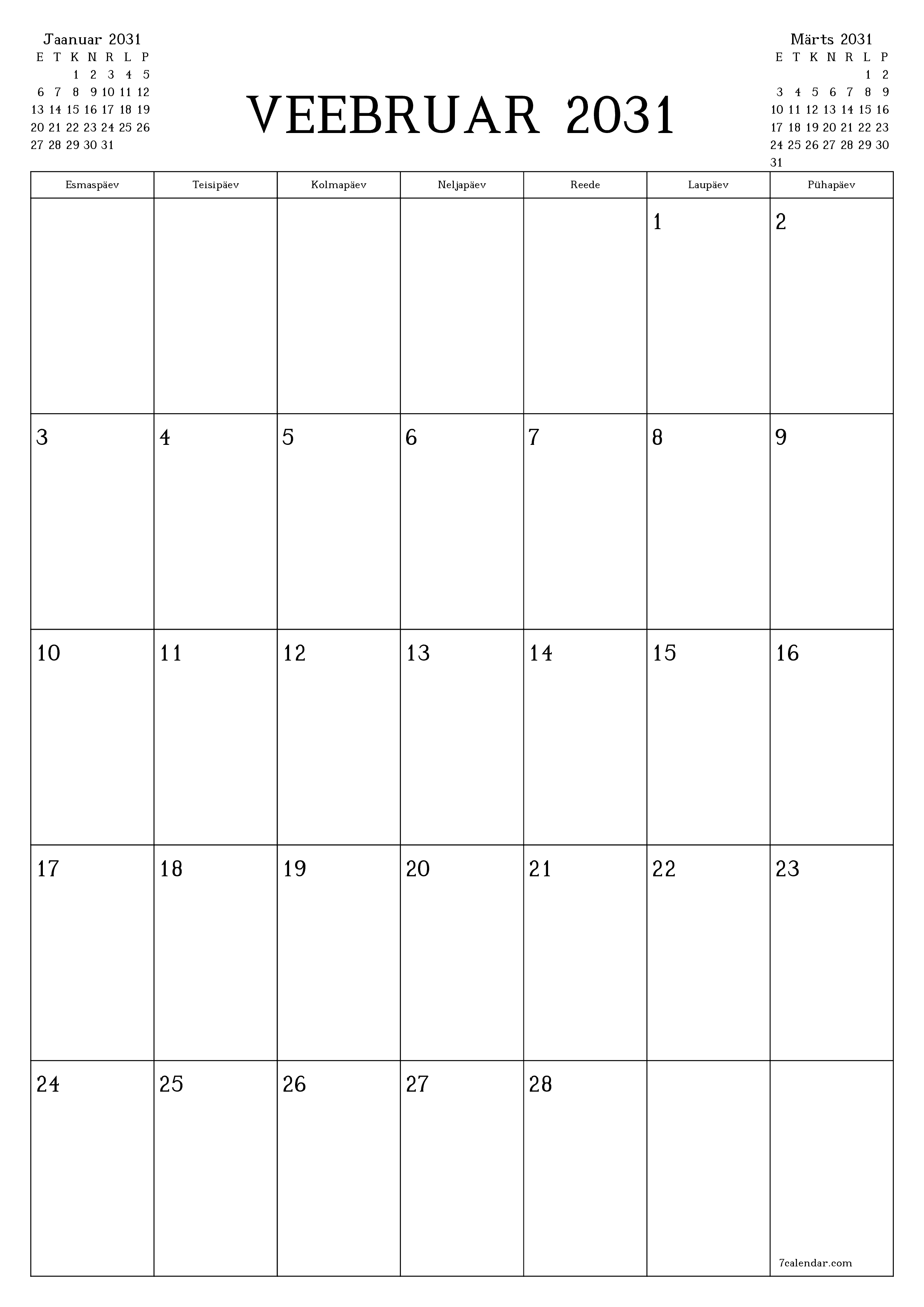 prinditav seina kalendri mall tasuta vertikaalne Igakuine planeerija kalender Veebruar (Veebr) 2031