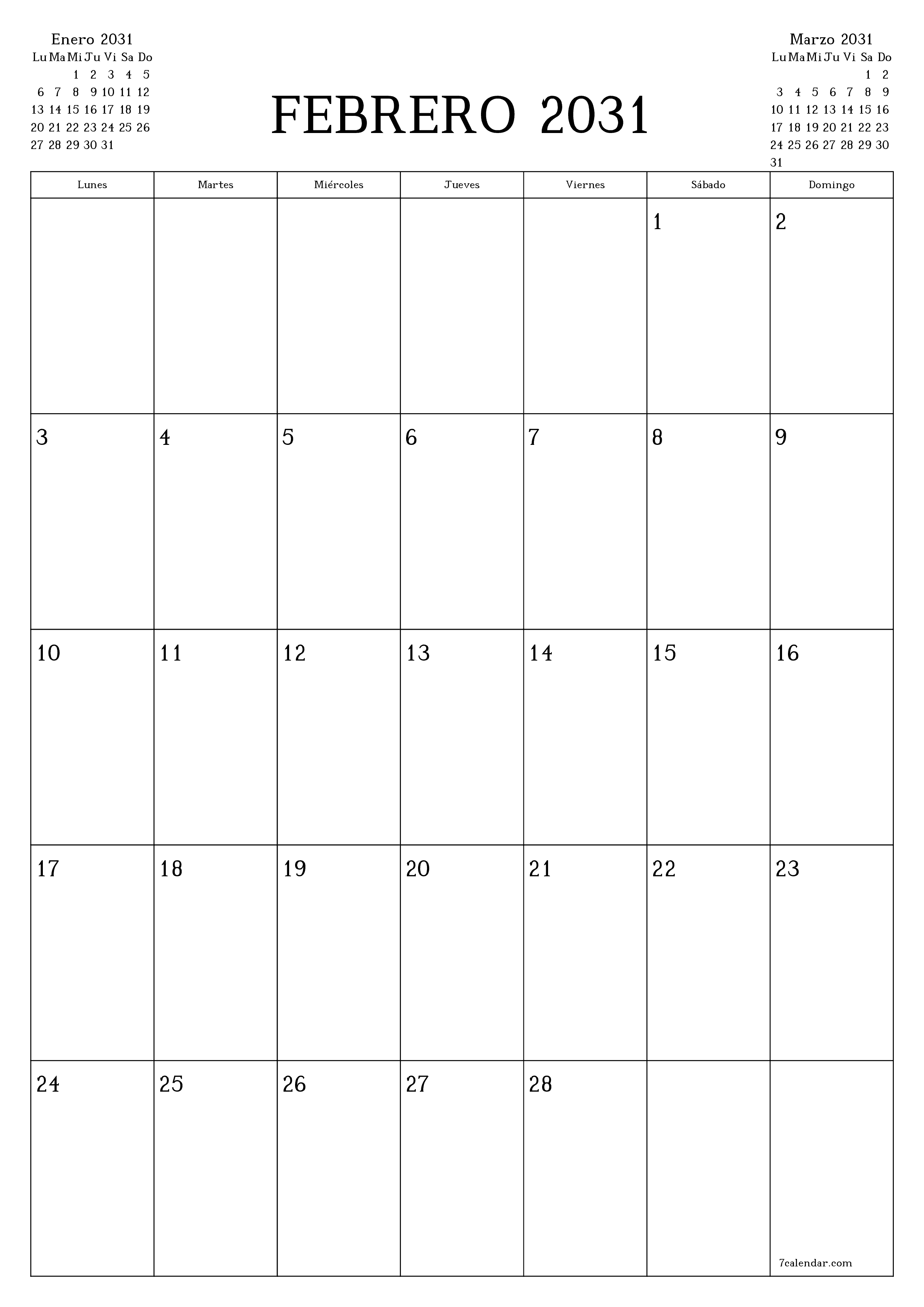  imprimible de pared plantilla de gratisvertical Mensual planificador calendario Febrero (Feb) 2031