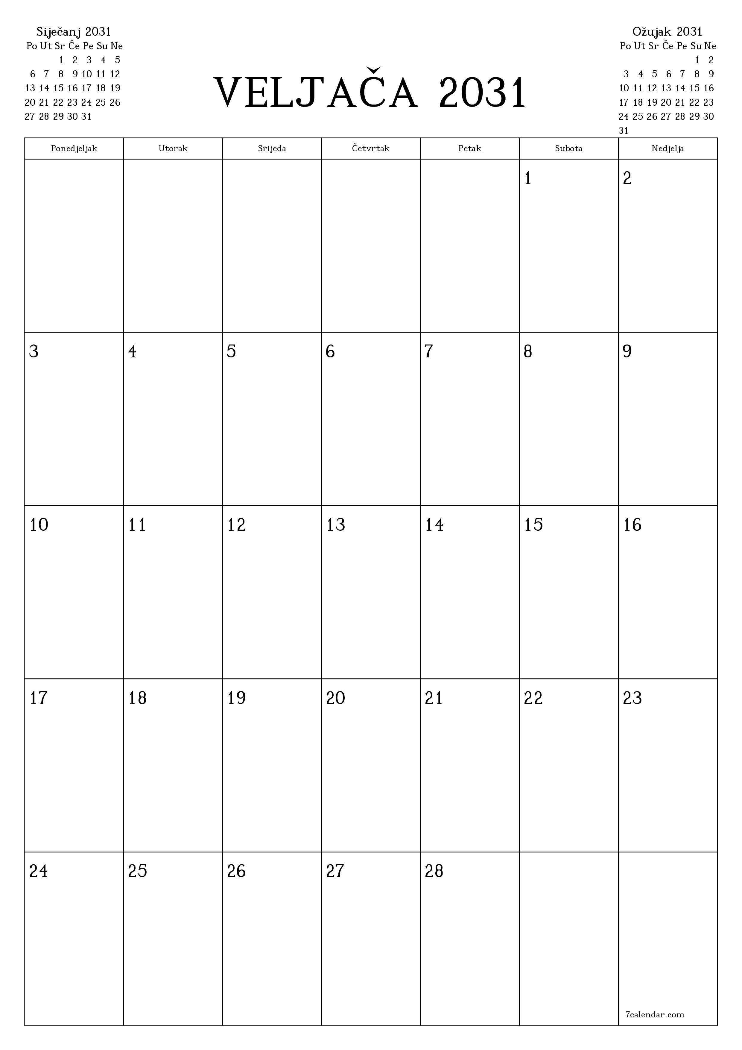  za ispis zidni predložak a besplatni okomito Mjesečni planer kalendar Veljača (Vel) 2031