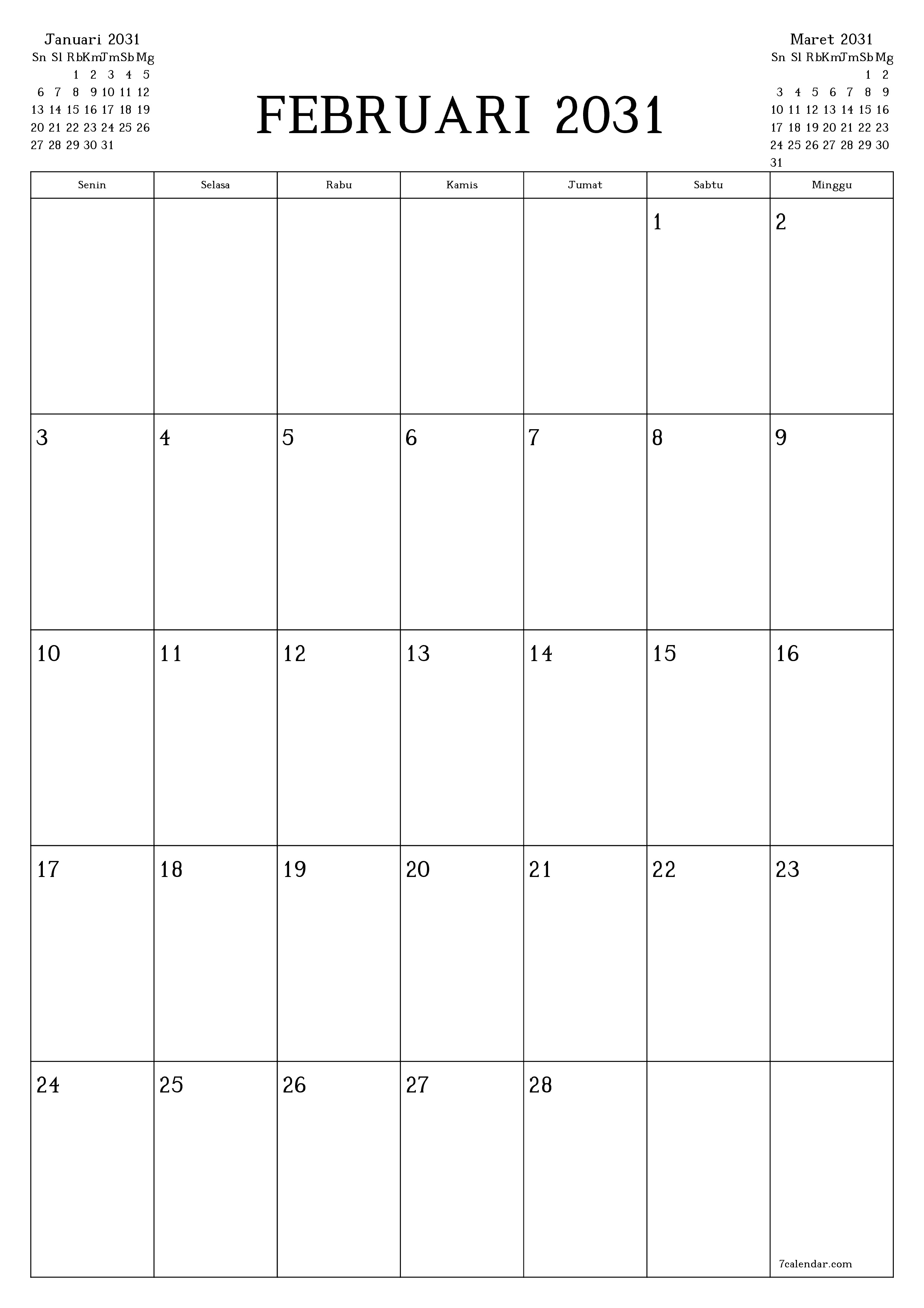  yang dapat dicetak dinding templat gratisvertikal Bulanan perencana kalender Februari (Feb) 2031