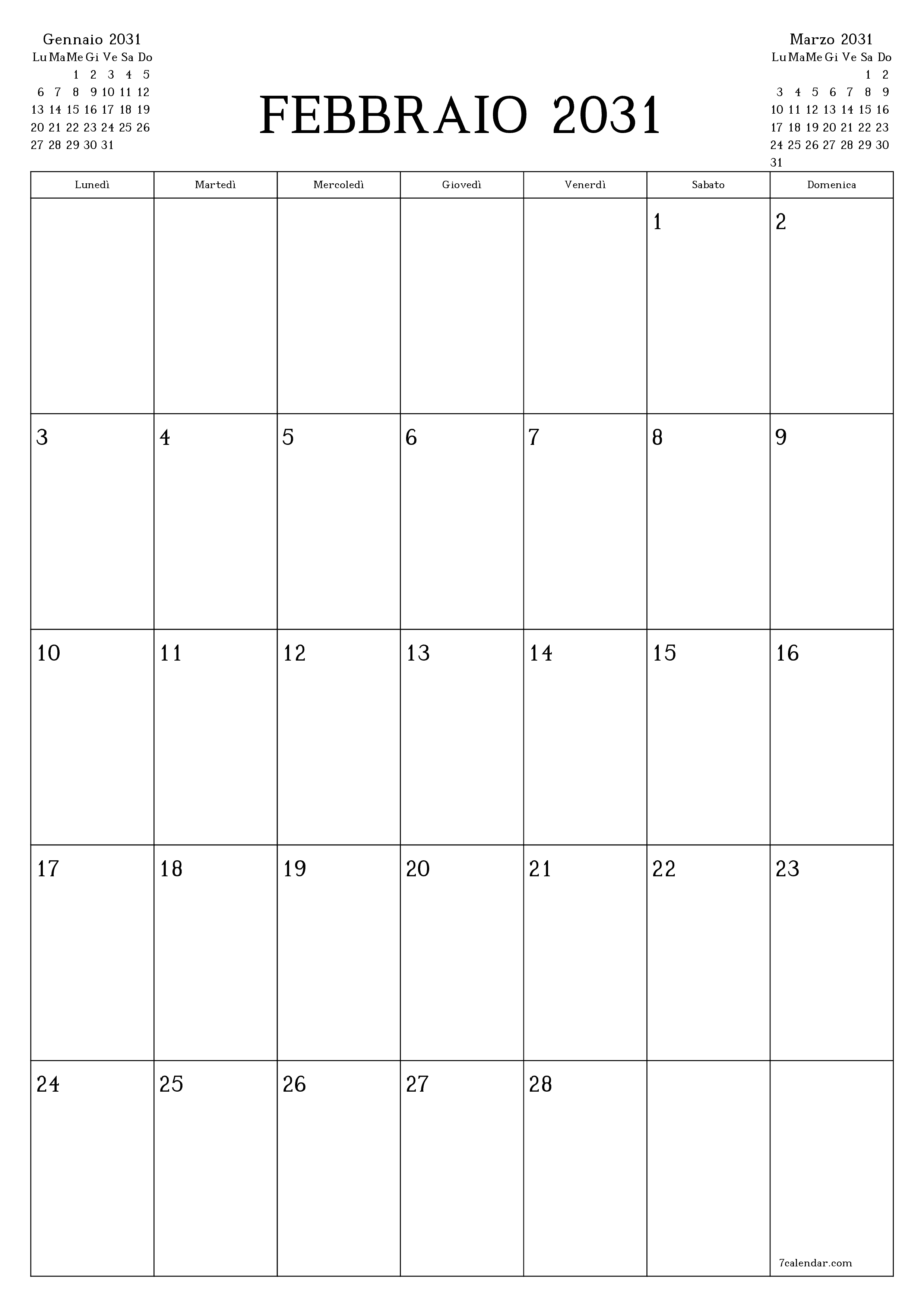  stampabile da parete modello di gratuitoverticale Mensile pianificatore calendario Febbraio (Feb) 2031