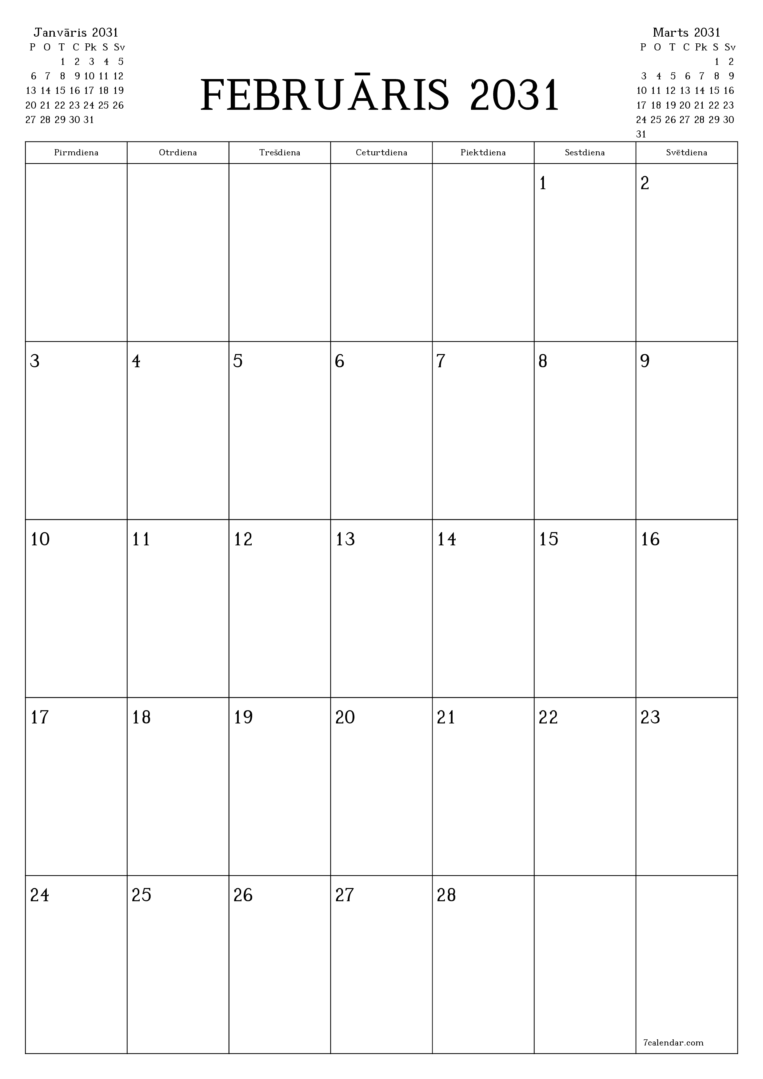 izdrukājams sienas kalendāra veidne bezmaksas vertikāli Mēneša plānotājs kalendārs Februāris (Feb) 2031