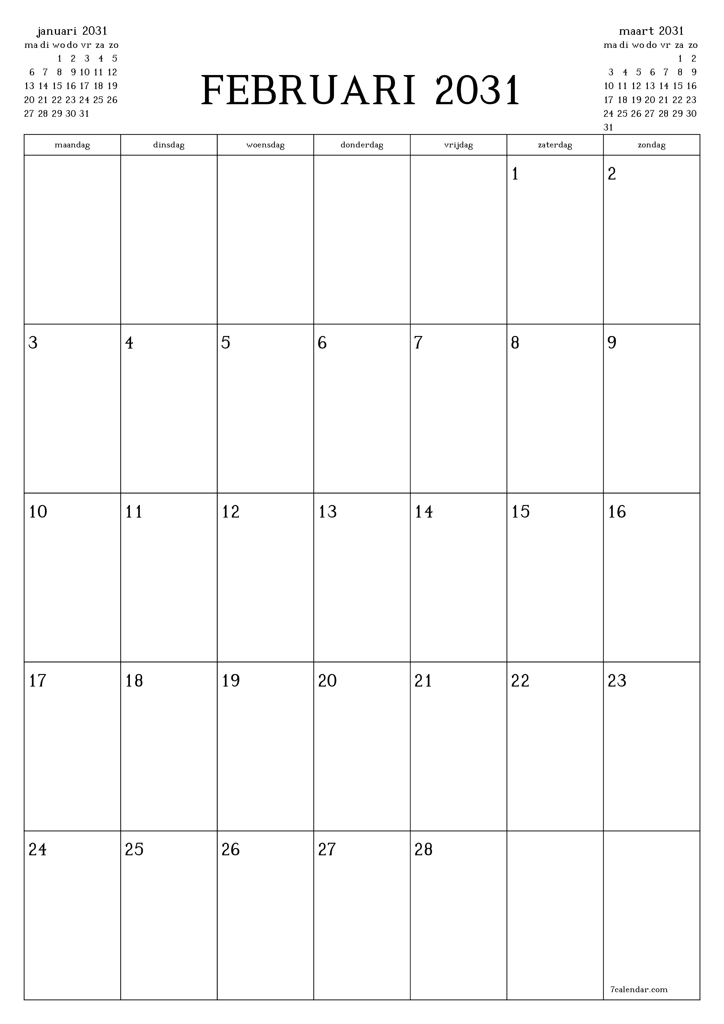 afdrukbare muur sjabloon gratis verticaal Maandelijks planner kalender februari (feb) 2031