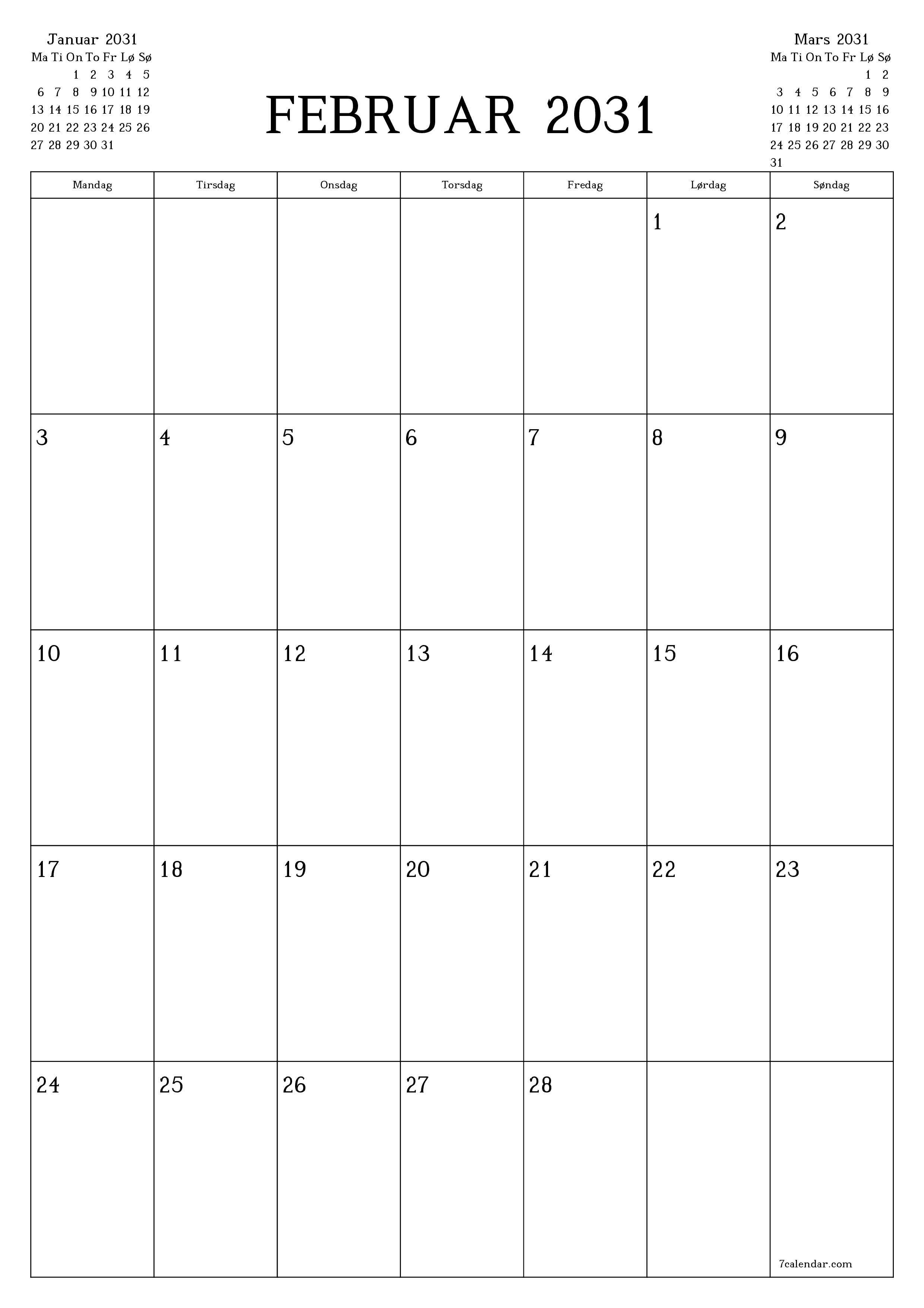 utskrivbar vegg mal gratis vertikal Månedlig planlegger kalender Februar (Feb) 2031