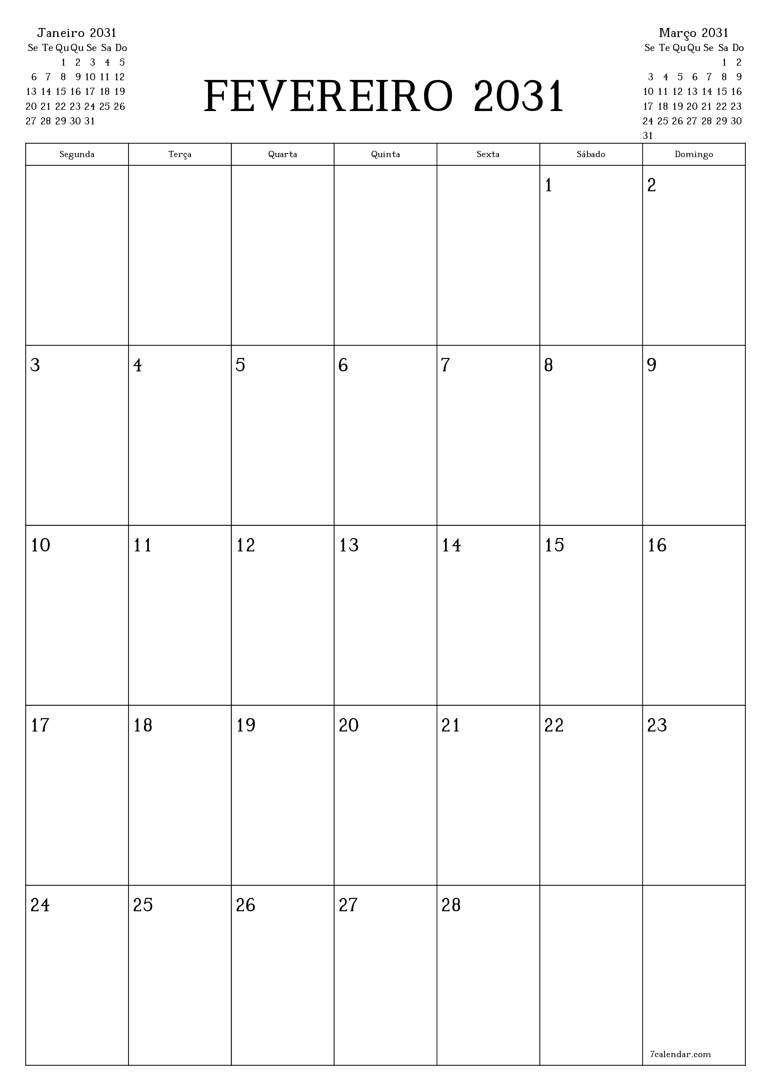  para impressão de parede modelo de grátisvertical Mensal planejador calendário Fevereiro (Fev) 2031