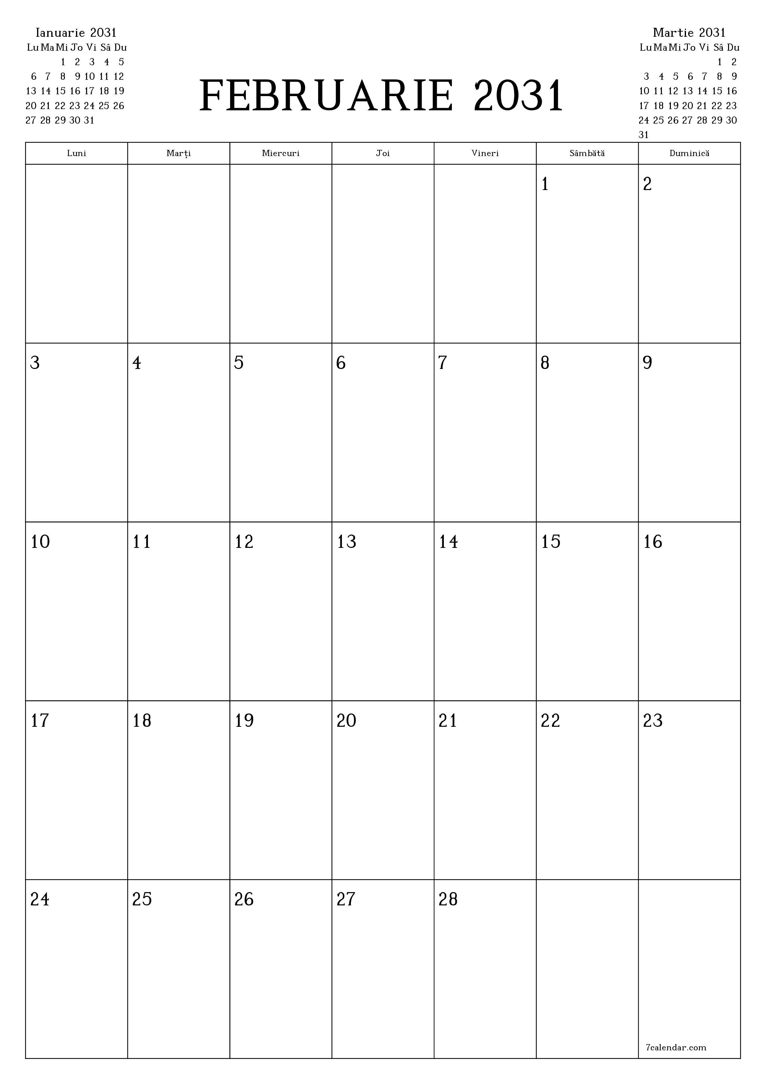  imprimabil de perete șablon de gratuitvertical Lunar planificator calendar Februarie (Feb) 2031
