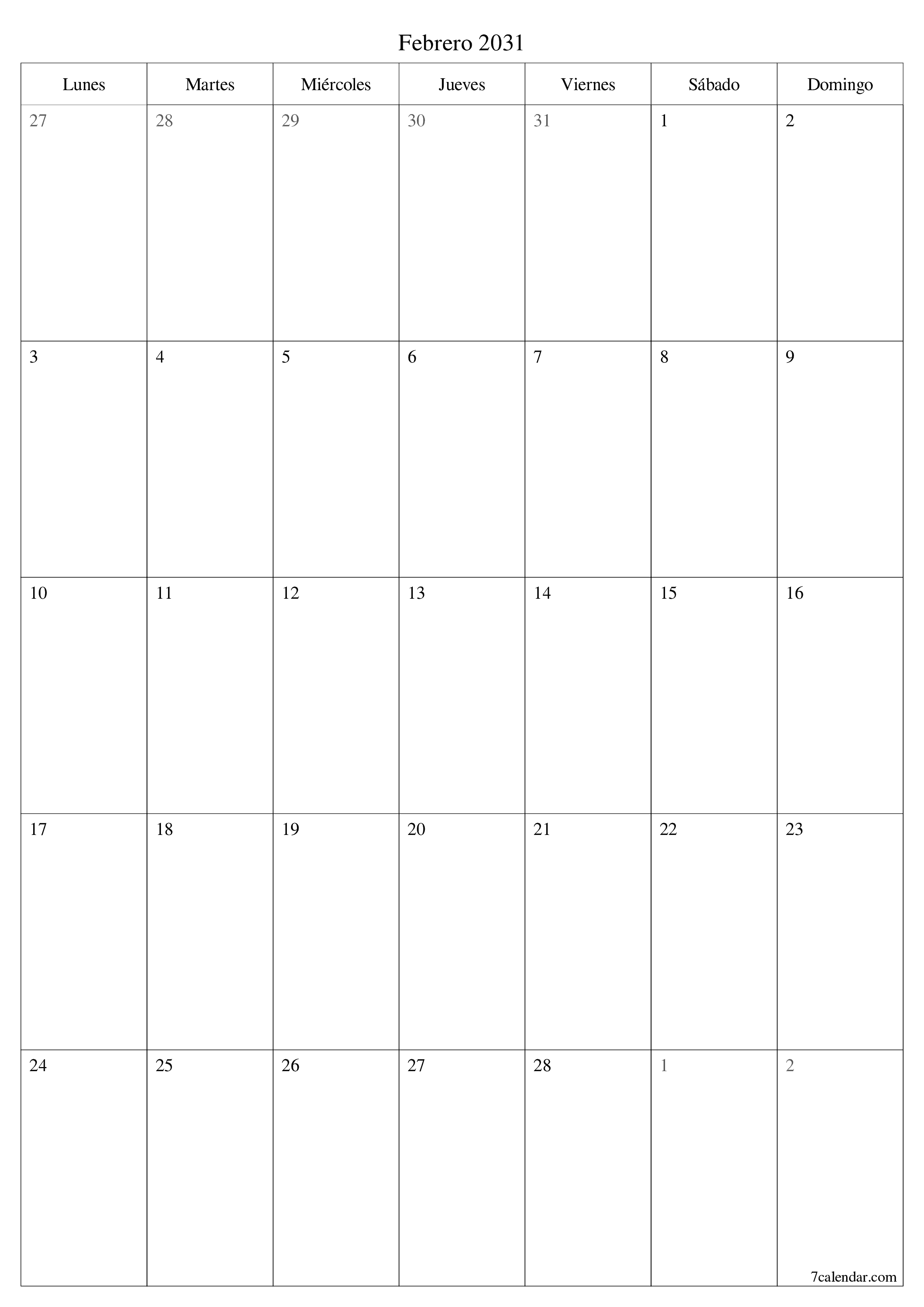  imprimible de pared plantilla de gratisvertical Mensual planificador calendario Febrero (Feb) 2031