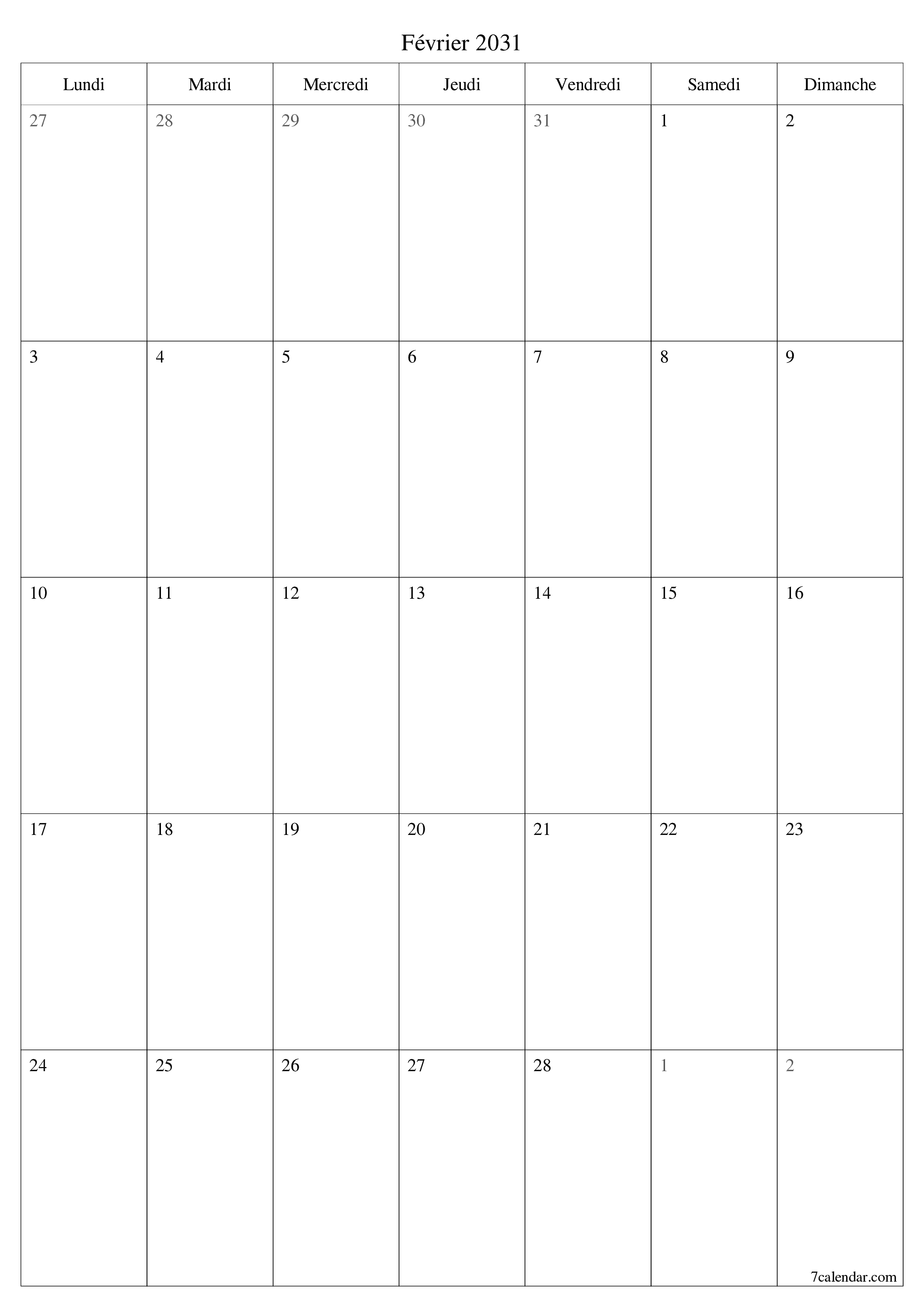  imprimable mural modèle de gratuitverticale Mensuel planificateur calendrier Février (Fév) 2031