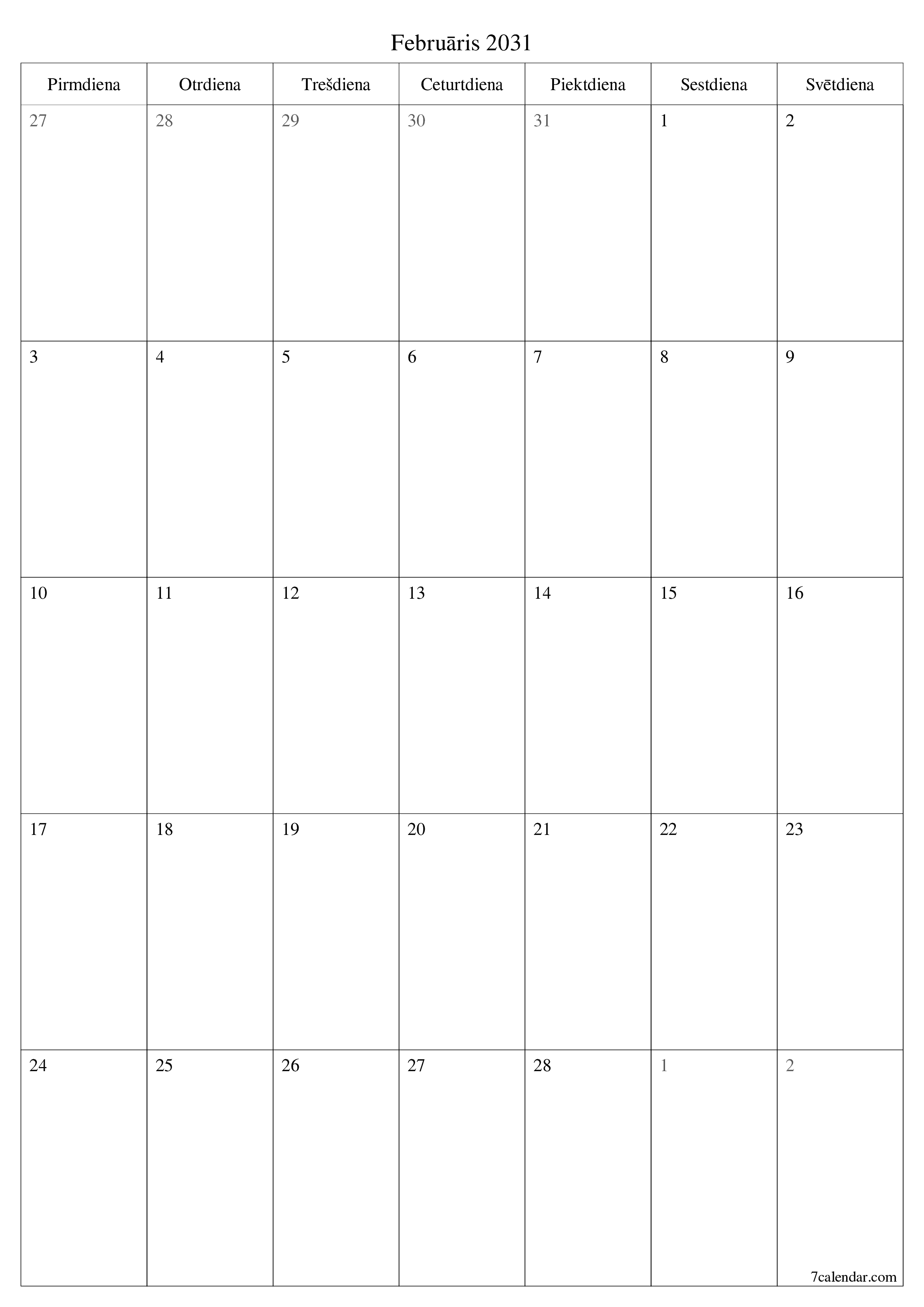 izdrukājams sienas kalendāra veidne bezmaksas vertikāli Mēneša plānotājs kalendārs Februāris (Feb) 2031