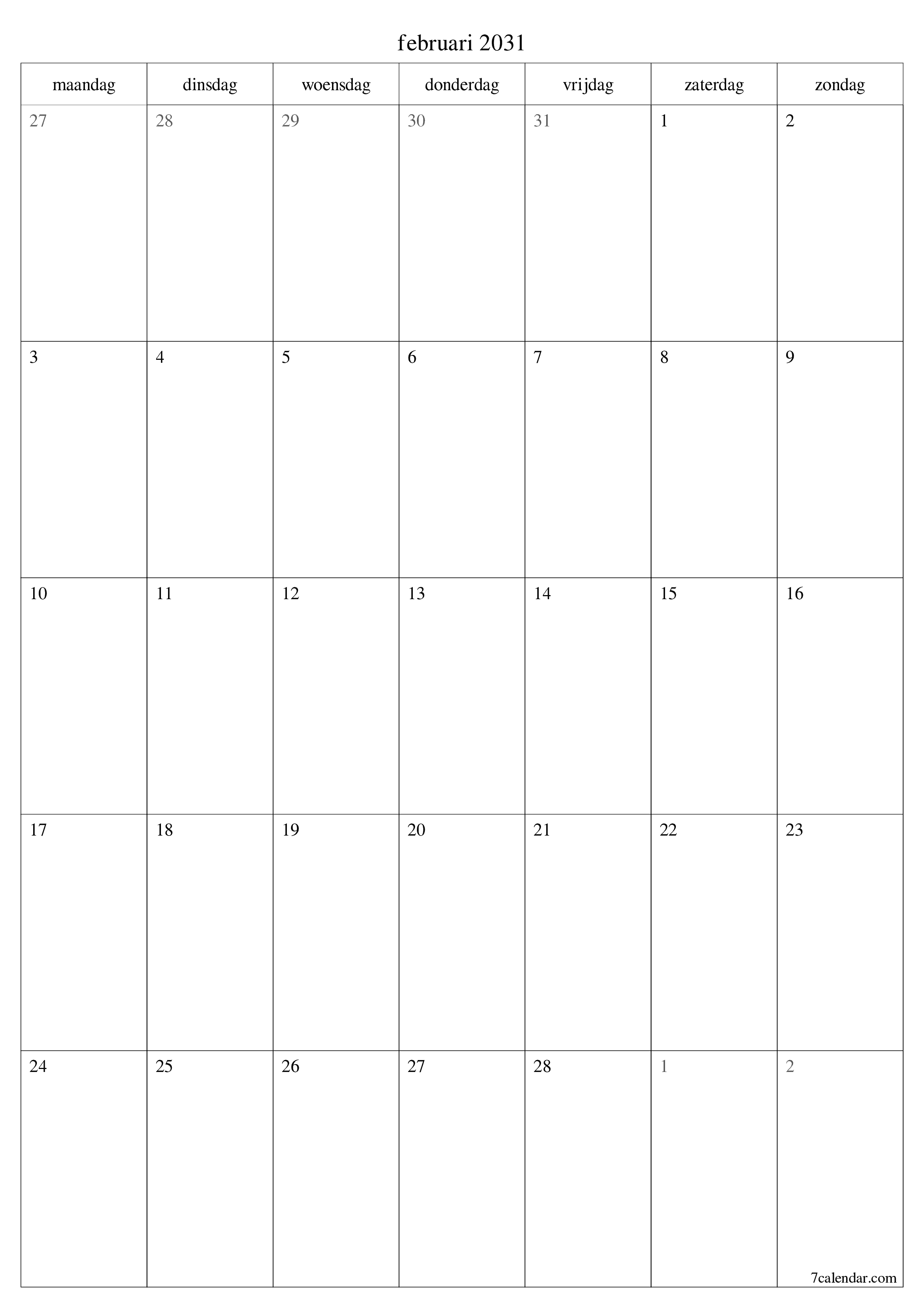 afdrukbare muur sjabloon gratis verticaal Maandelijks planner kalender februari (feb) 2031