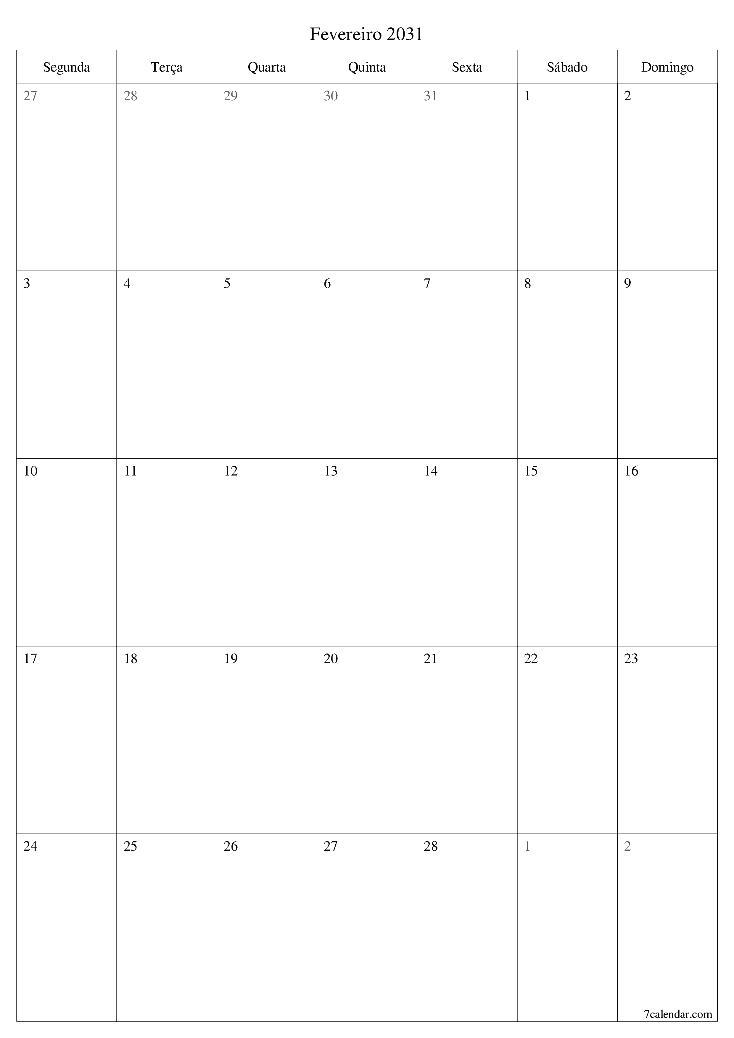  para impressão de parede modelo de grátisvertical Mensal planejador calendário Fevereiro (Fev) 2031