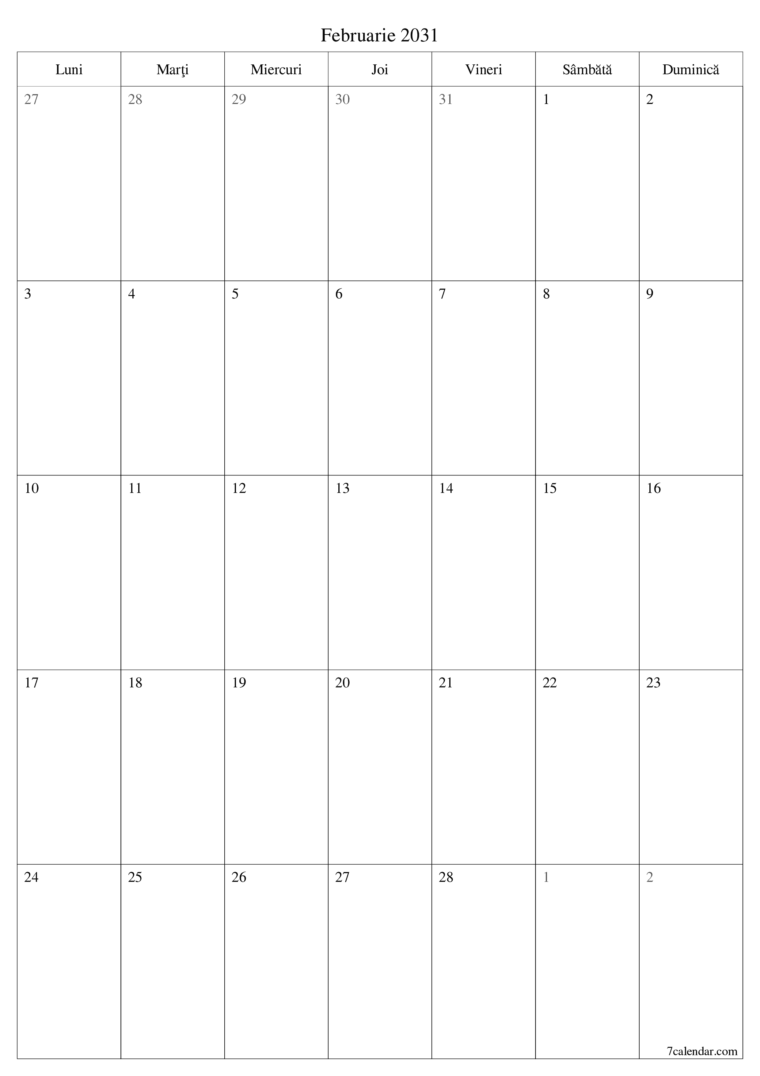  imprimabil de perete șablon de gratuitvertical Lunar planificator calendar Februarie (Feb) 2031