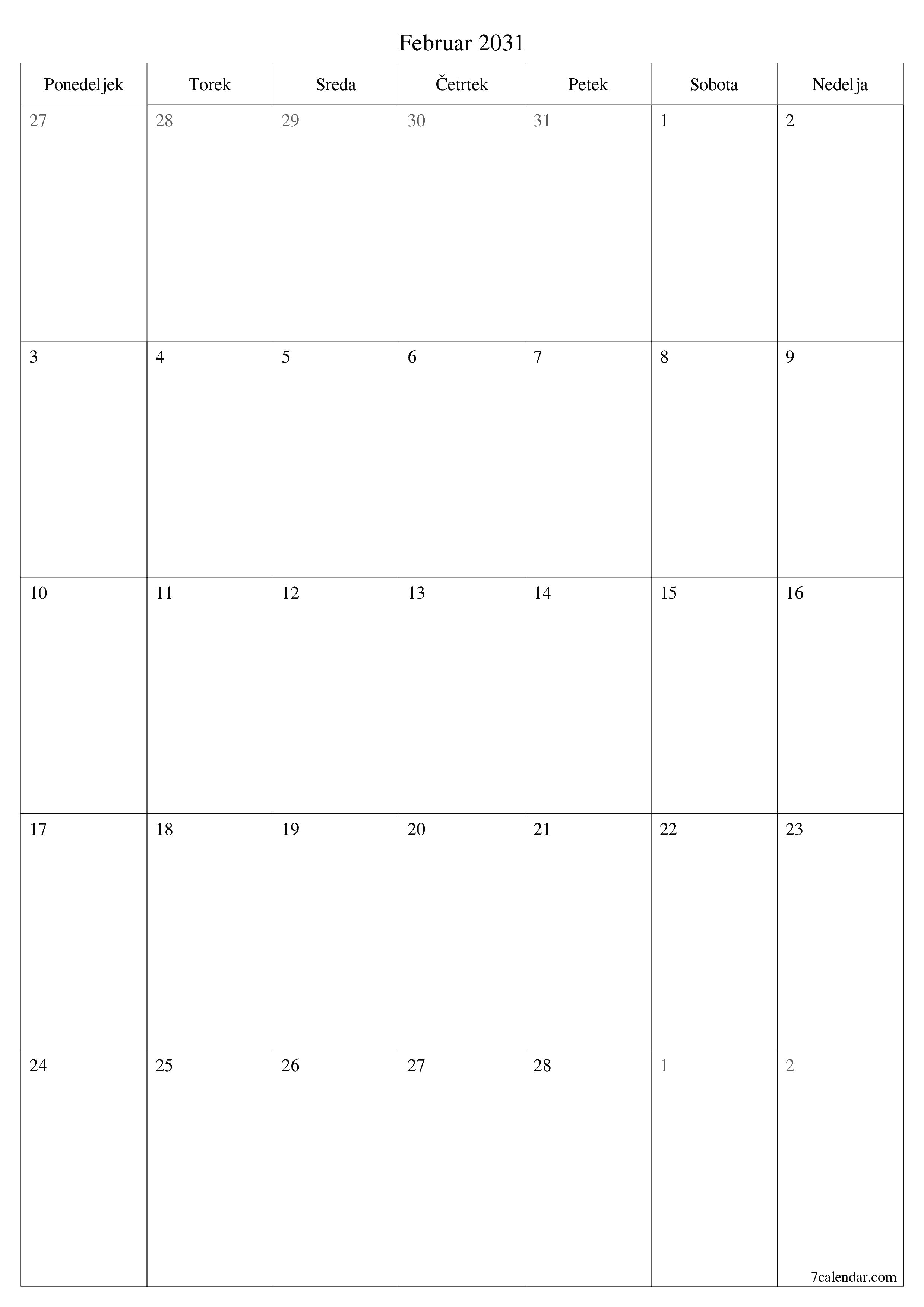 natisljiv stenski ska predloga brezplačni vertical Mesečno jadralno letalo koledar Februar (Feb) 2031
