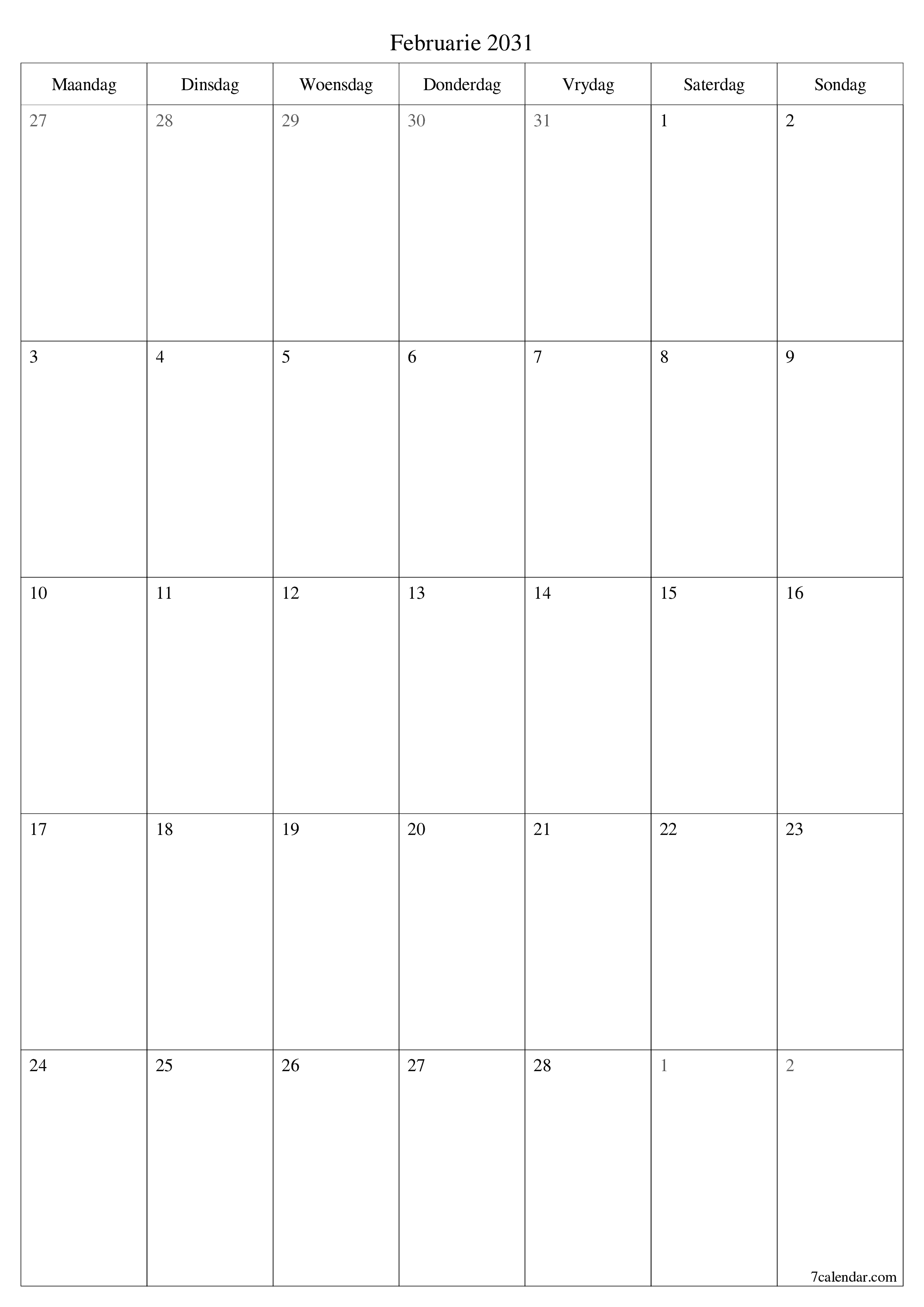 drukbare muur template gratis vertikaal Maandeliks beplanner kalender Februarie (Feb) 2031