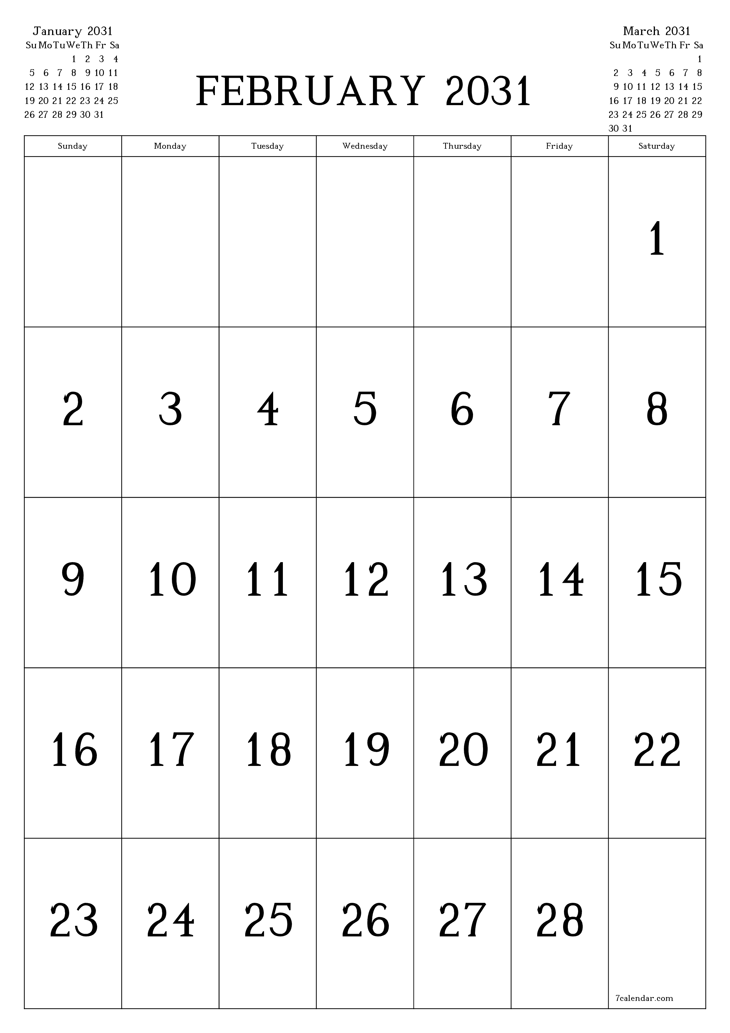 printable wall template free vertical Monthly calendar February (Feb) 2031