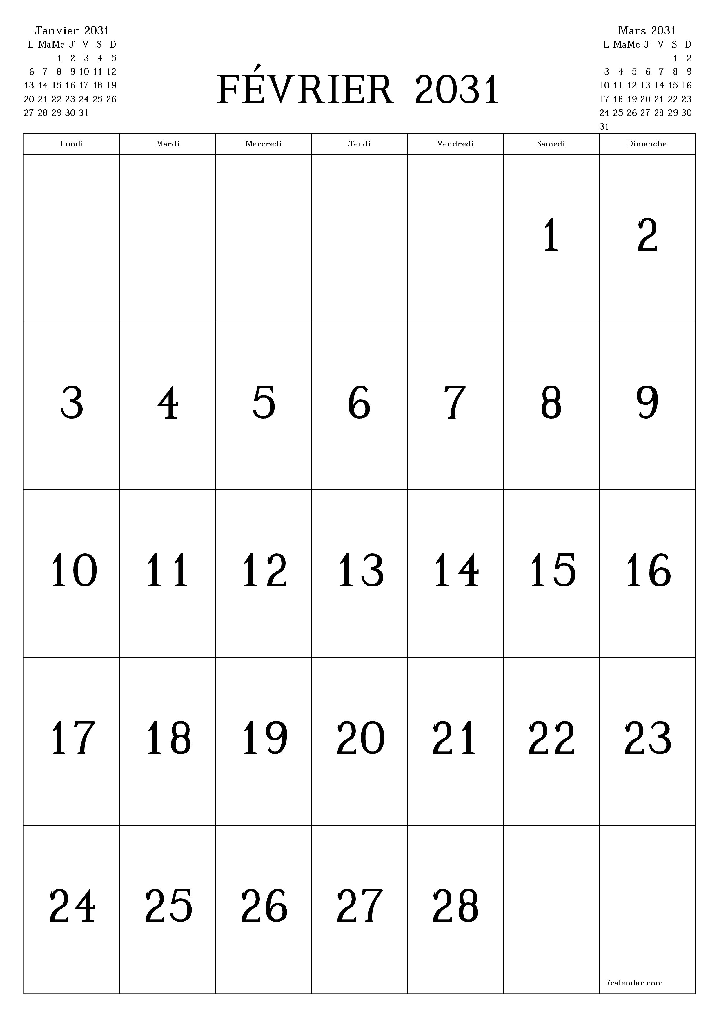  imprimable mural modèle de gratuitverticale Mensuel calendrier Février (Fév) 2031