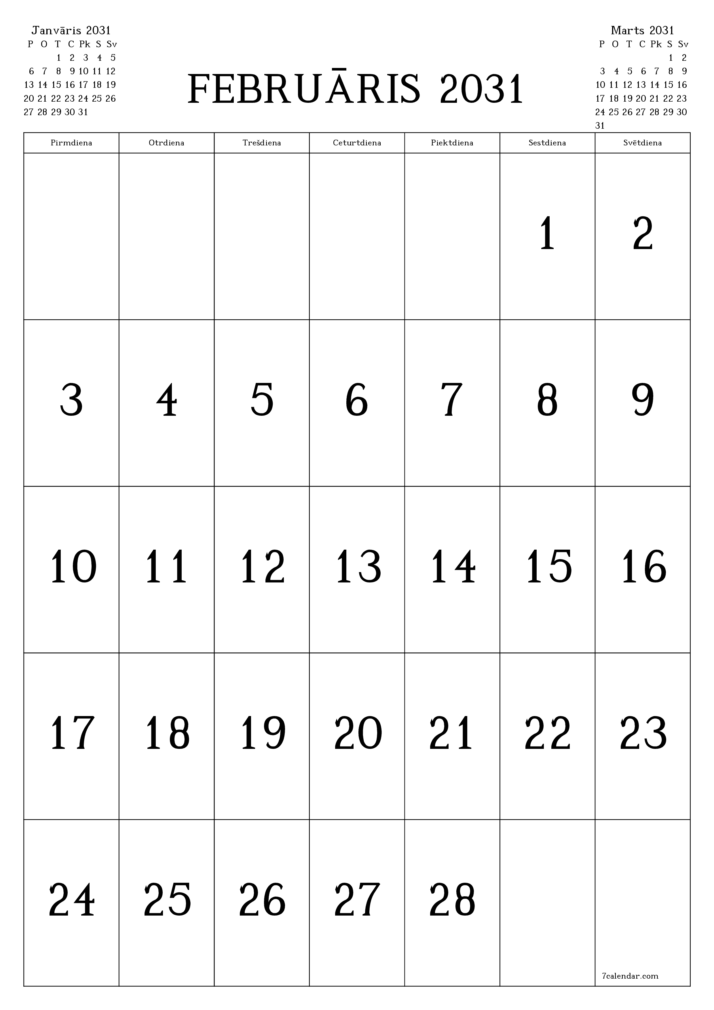 izdrukājams sienas kalendāra veidne bezmaksas vertikāli Mēneša kalendārs Februāris (Feb) 2031