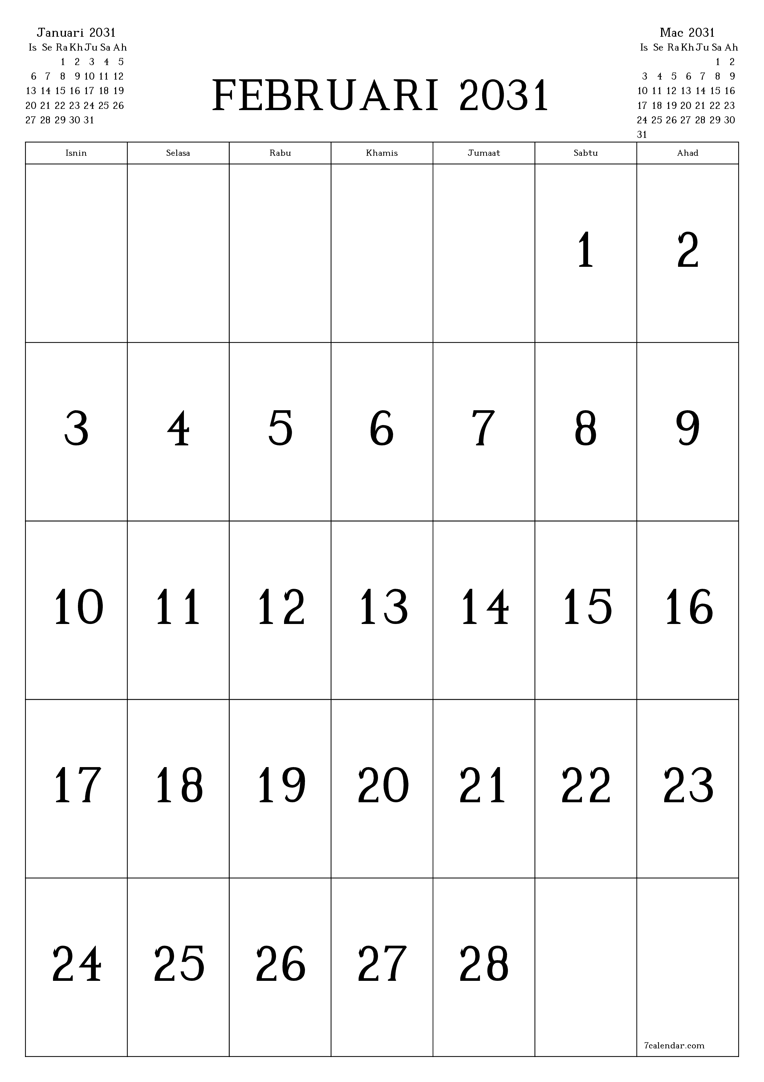 Perancang bulanan kosong untuk bulan Februari 2031 dengan nota, simpan dan cetak ke PDF PNG Malay