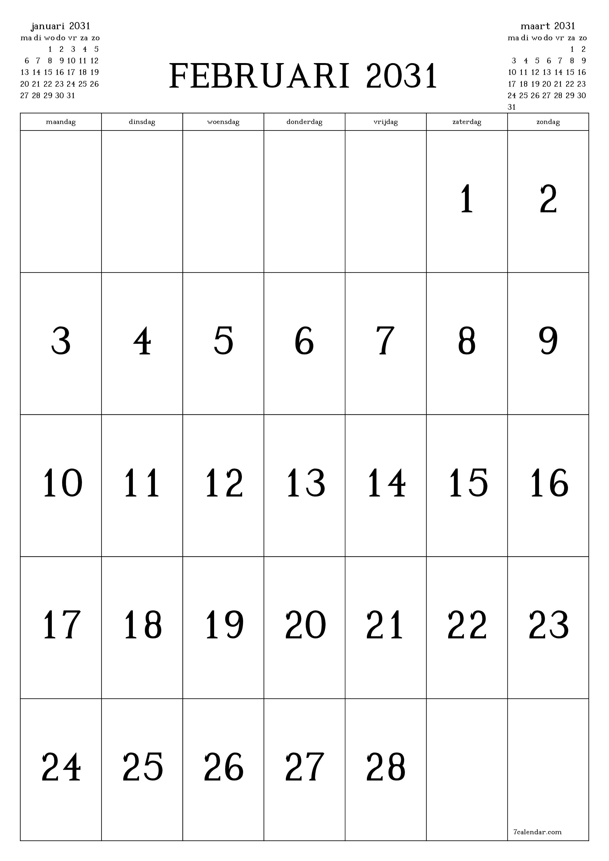 afdrukbare muur sjabloon gratis verticaal Maandelijks kalender februari (feb) 2031