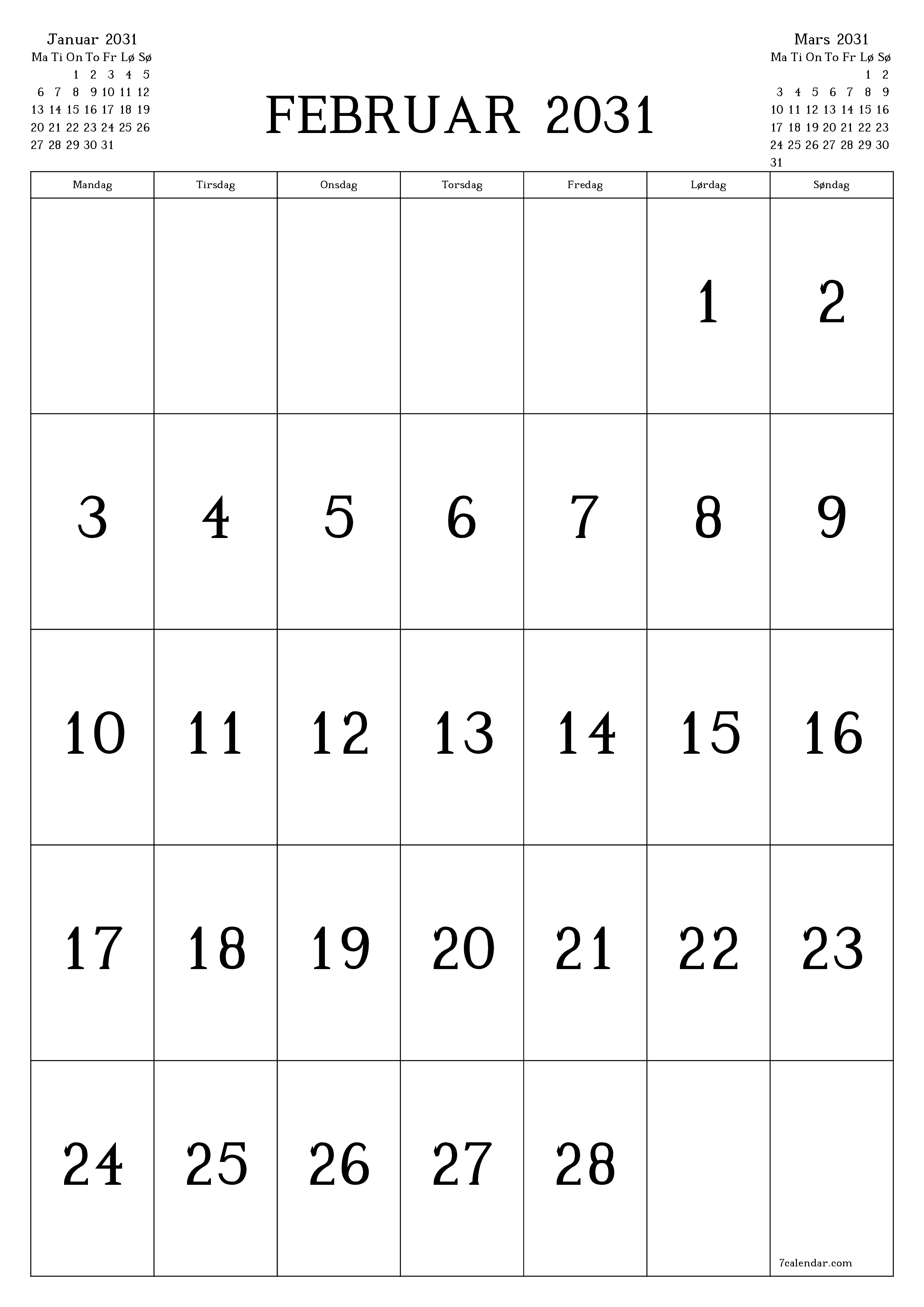 utskrivbar vegg mal gratis vertikal Månedlig kalender Februar (Feb) 2031