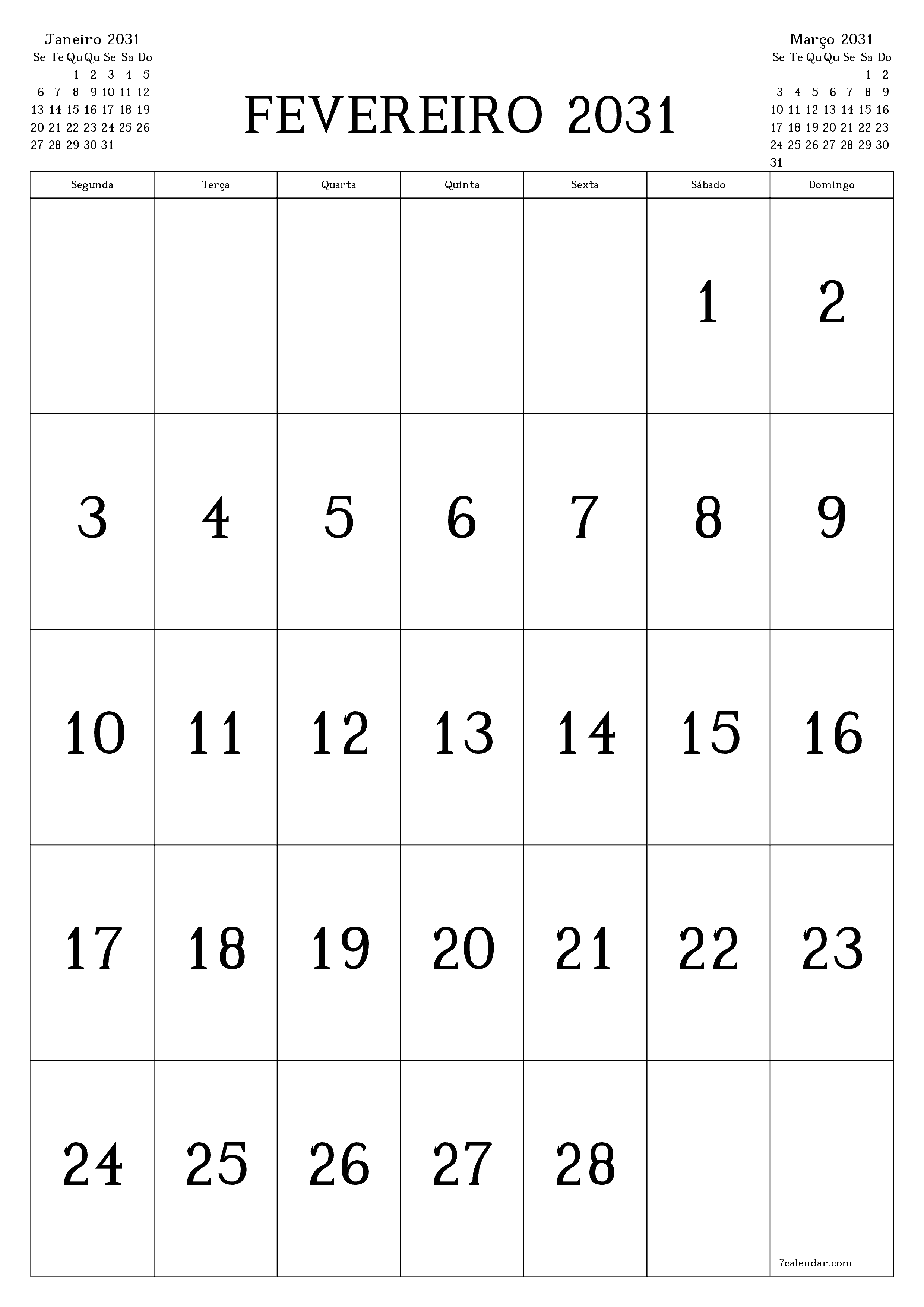  para impressão de parede modelo de grátisvertical Mensal calendário Fevereiro (Fev) 2031