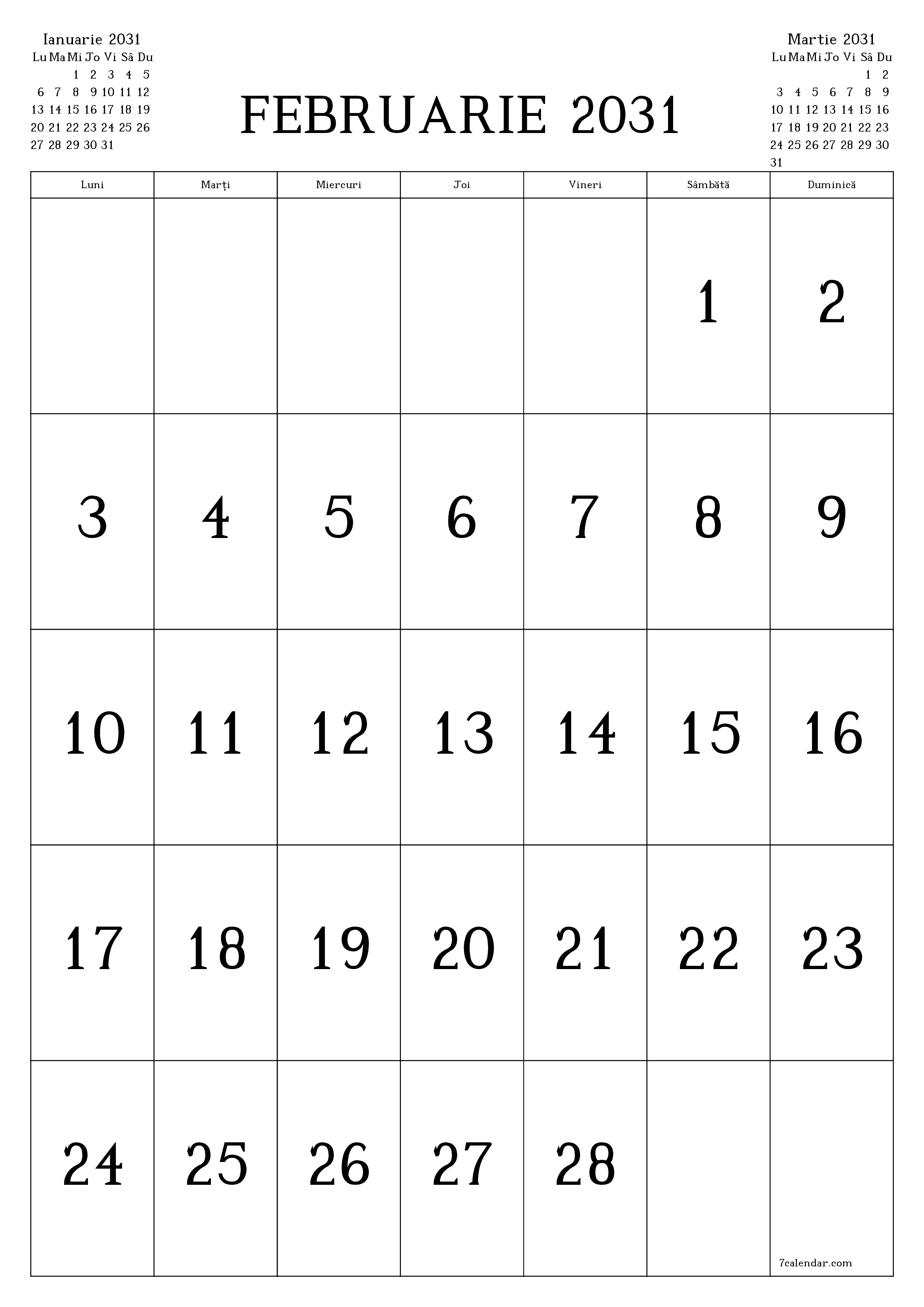  imprimabil de perete șablon de gratuitvertical Lunar calendar Februarie (Feb) 2031