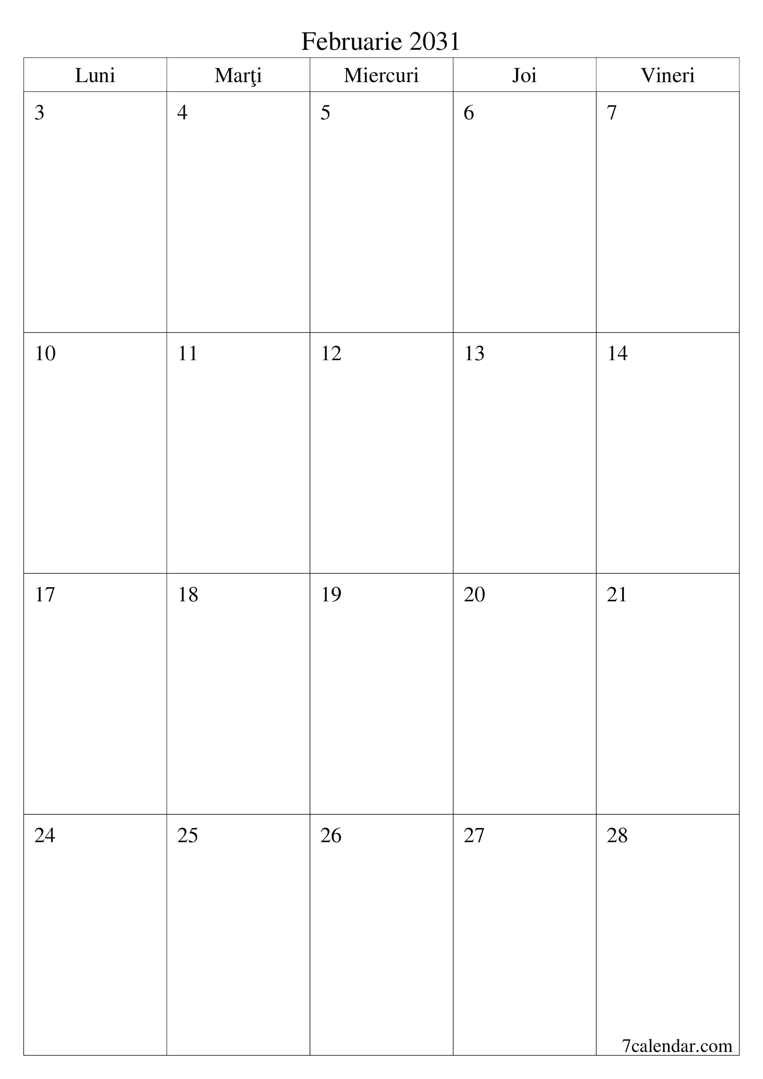  imprimabil de perete șablon de gratuitvertical Lunar planificator calendar Februarie (Feb) 2031