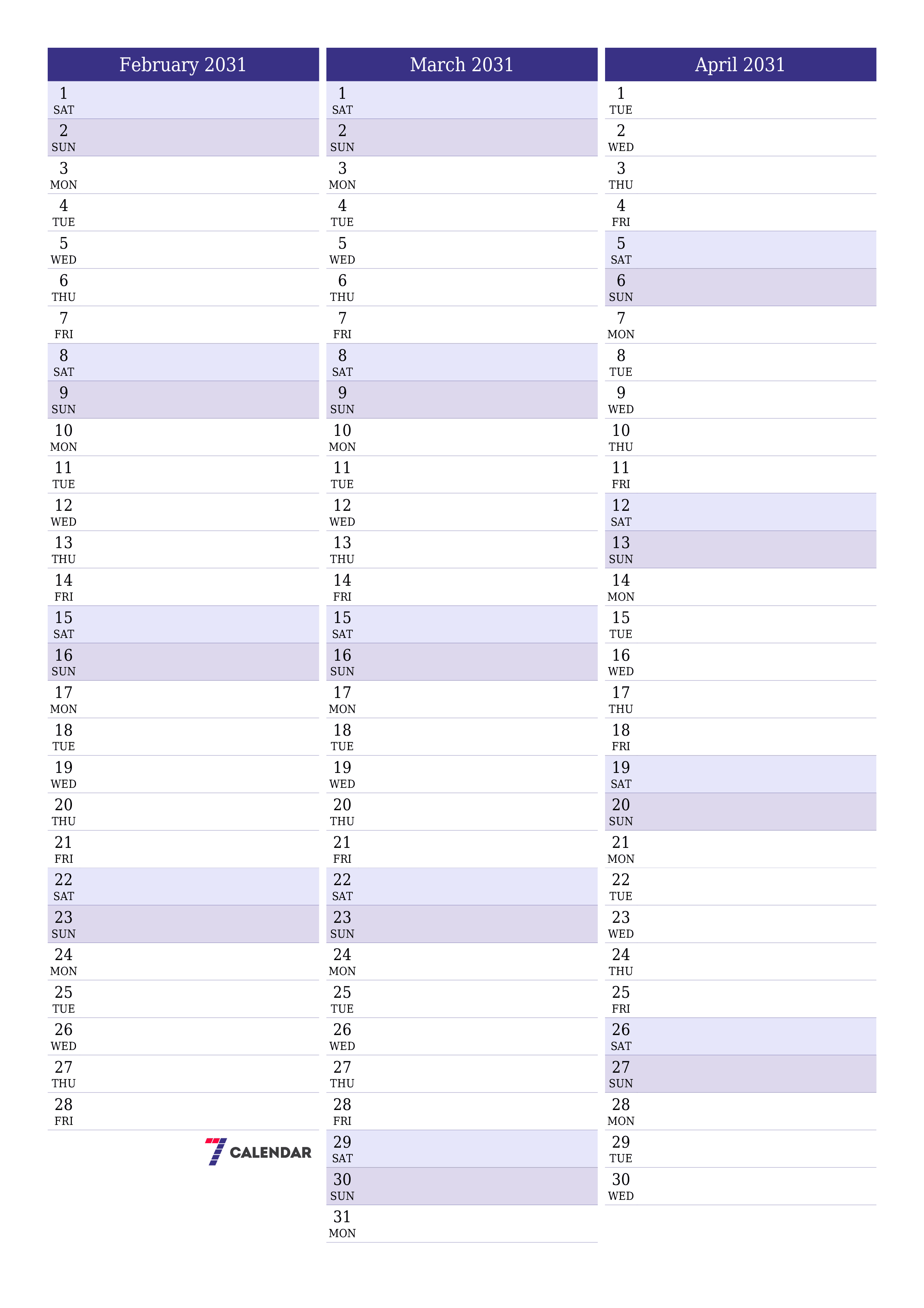 printable wall template free vertical Monthly planner calendar February (Feb) 2031